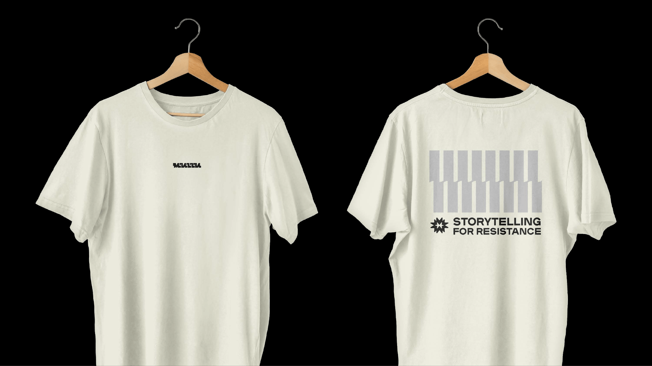 T-shirt merchandise mockup for the Mullu branding project by Lunalunares, showing a minimal front logo and a back graphic with the phrase Storytelling for Resistance.