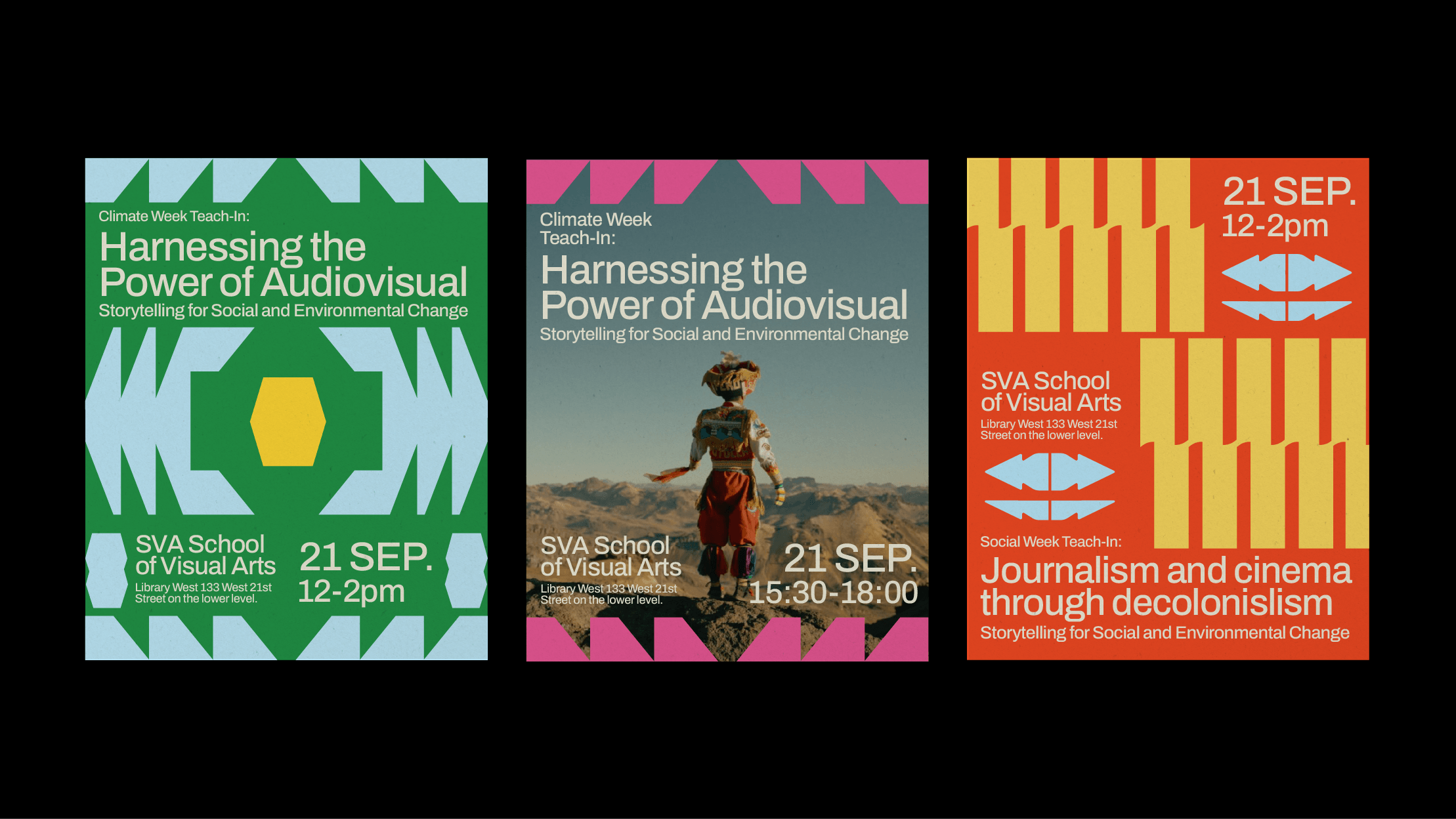 Event poster series designed within the Mullu branding system by Lunalunares, combining geometric patterns, bold colors, documentary imagery, and clean informational typography.