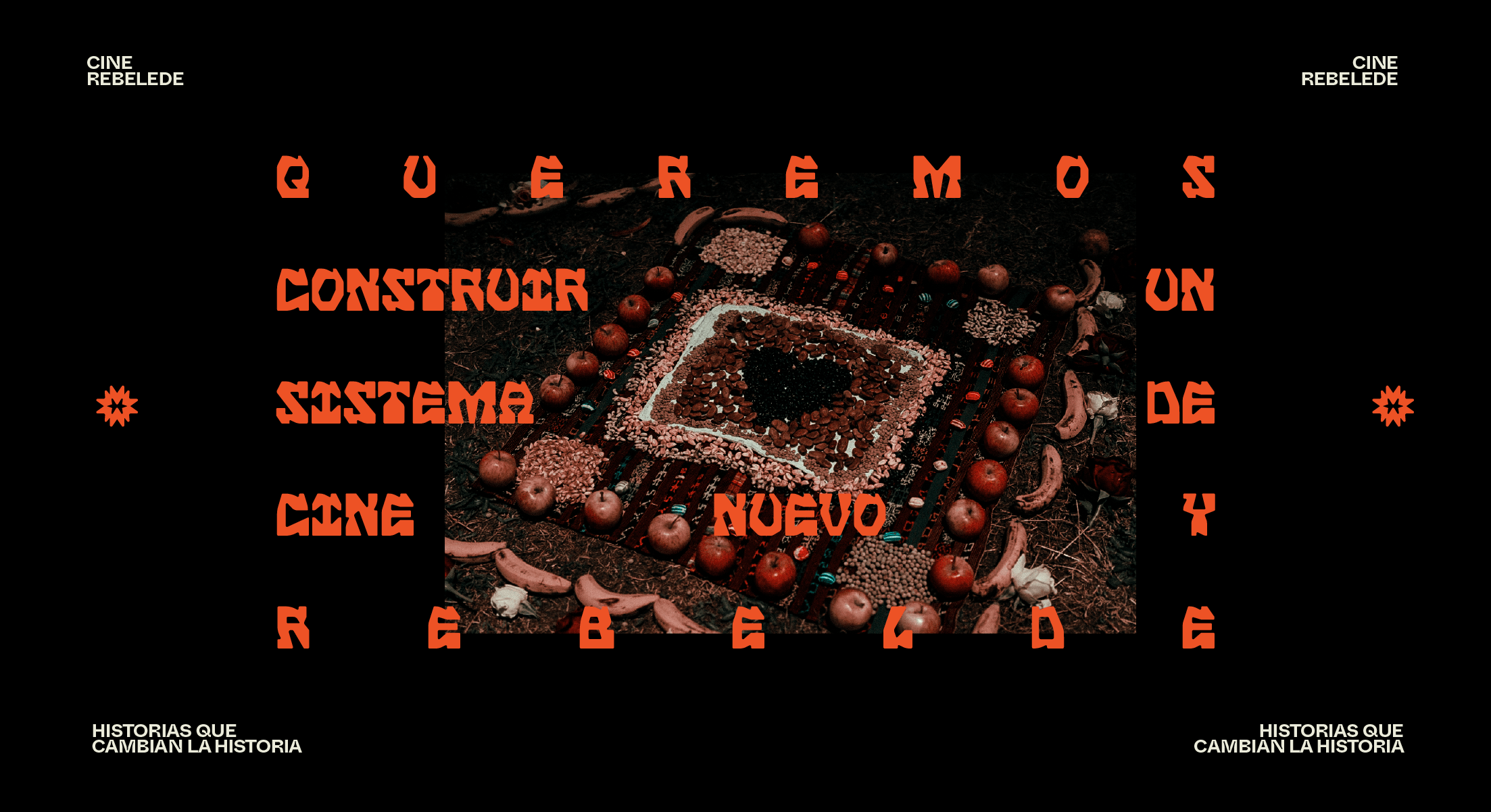 Editorial composition for Mullu by Lunalunares, featuring orange custom typography over a dark photographic background and a message about building a new rebellious cinema system.