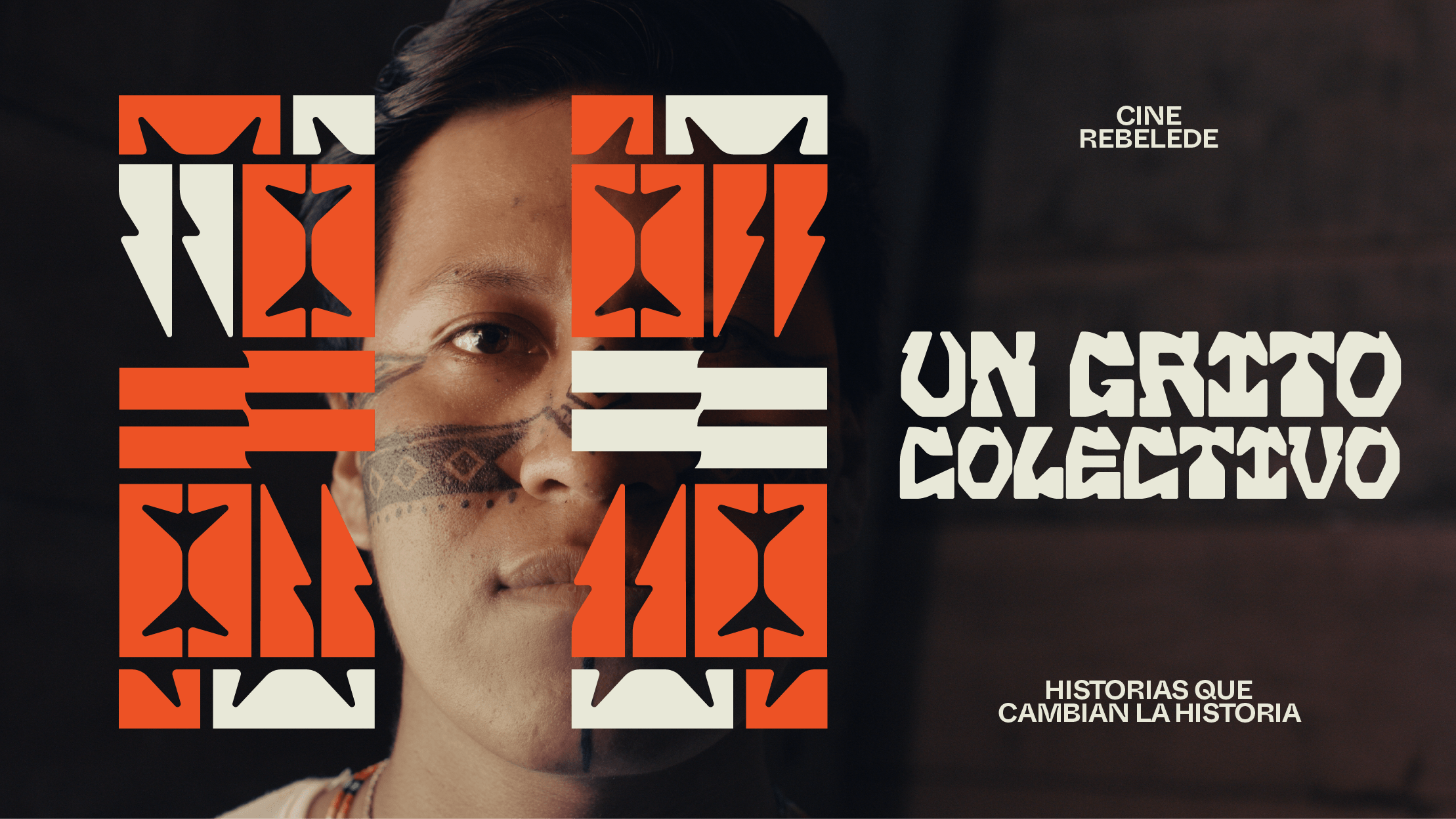 Key visual for Un Grito Colectivo within the Mullu branding project by Lunalunares, combining close-up portrait photography, modular symbols, bold orange graphics, and custom typography.