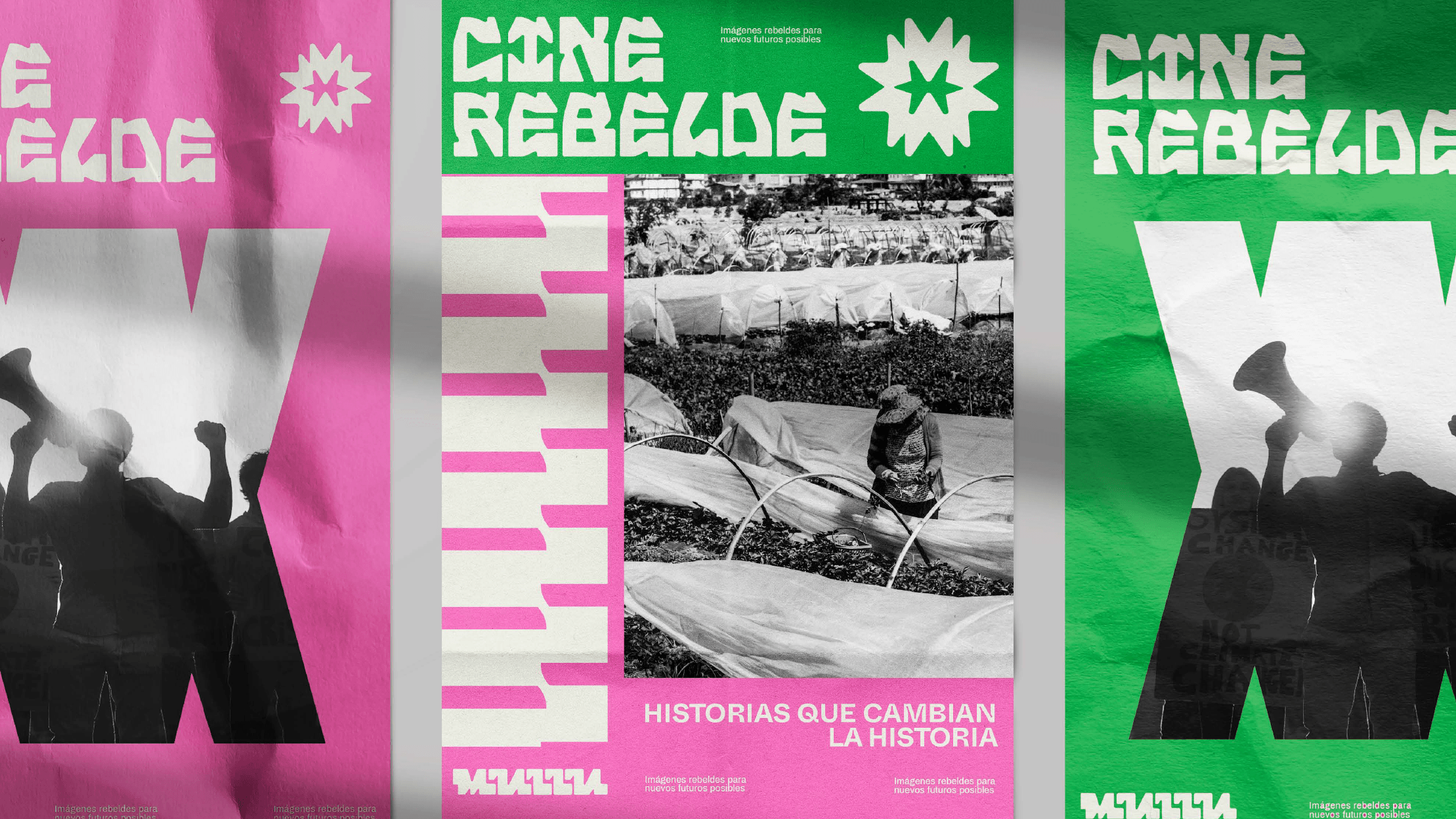 Cine Rebelde poster system for the Mullu branding project by Lunalunares, featuring bold custom typography, pink and green layouts, black and white photography, and a rebellious editorial identity.