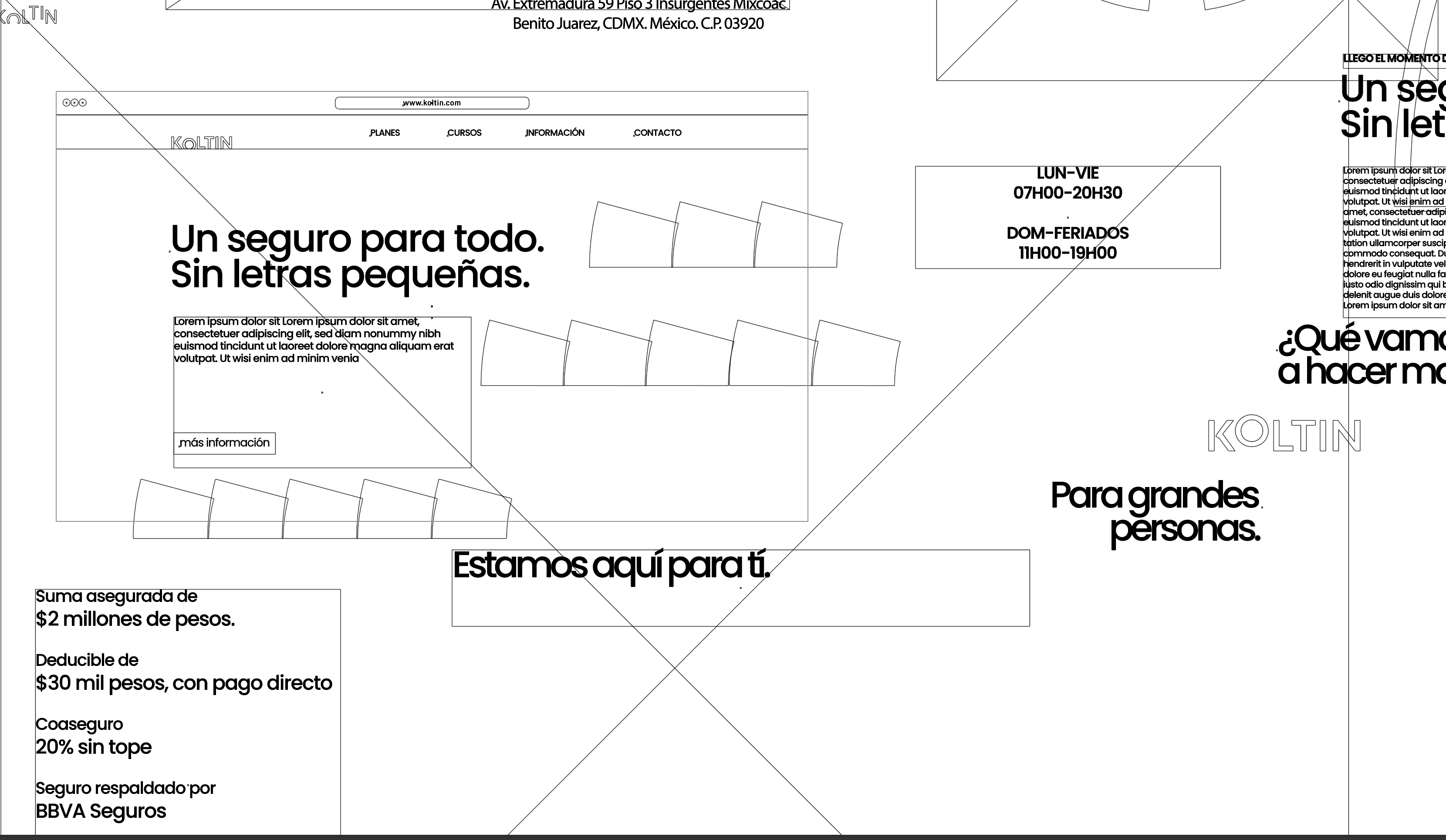 Web wireframe identity system for Koltin by Lunalunares, showing logo applications, modular graphic elements, Spanish messaging, and a structured digital layout exploration.