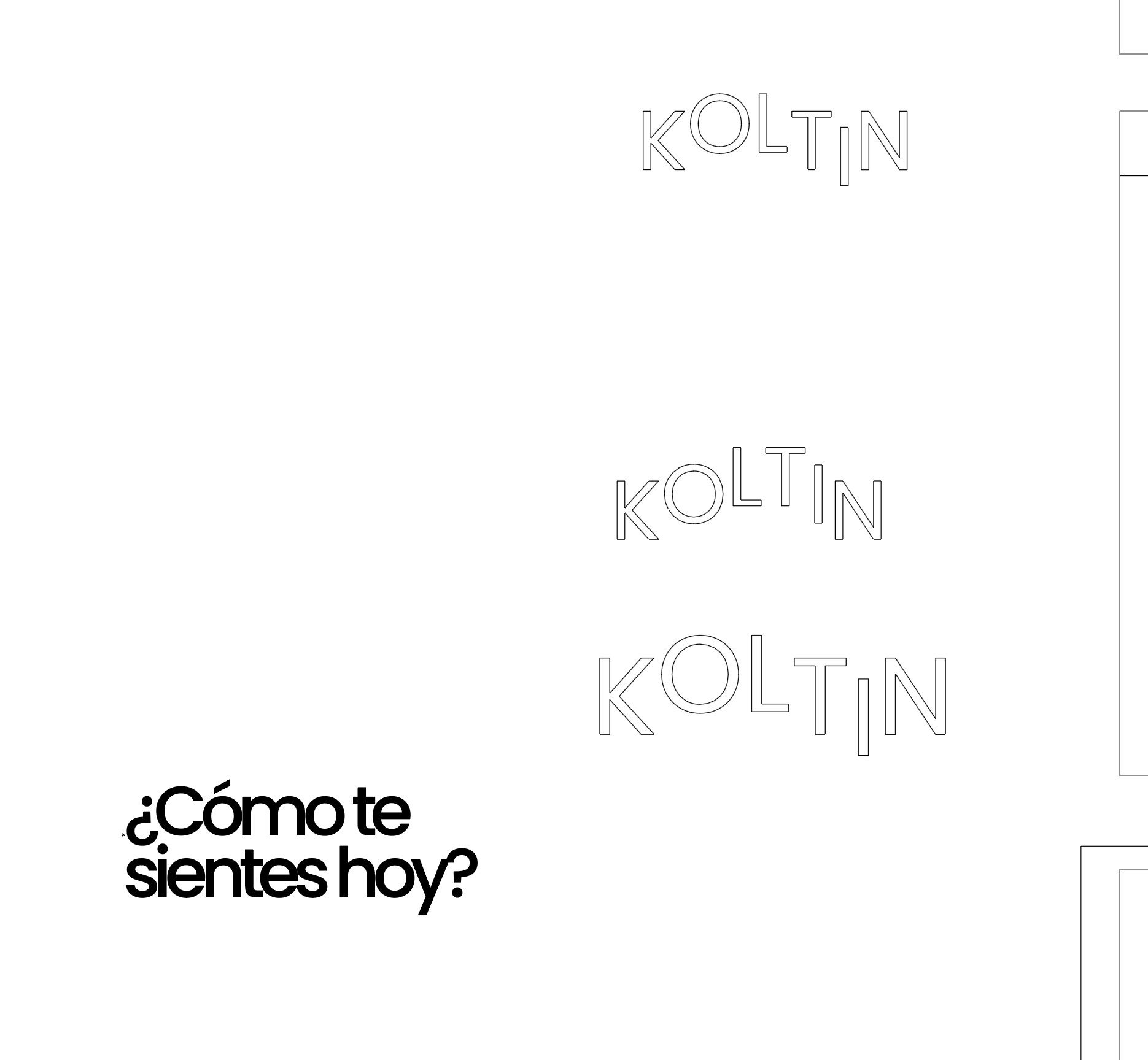 Koltin logo application layout by Lunalunares, showing repeated outline wordmarks, minimal composition, and the Spanish phrase Cómo te sientes hoy as part of the brand communication system.
