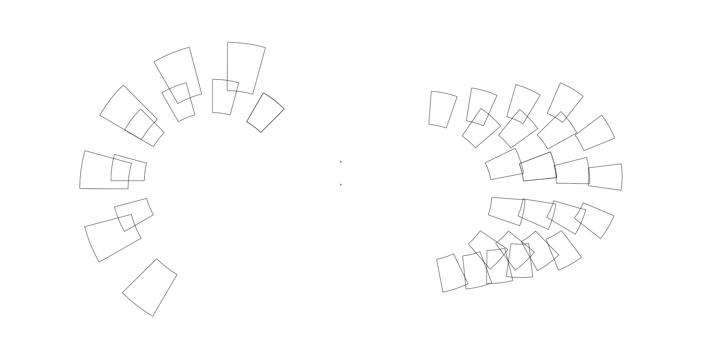 Geometric radial module study for the Koltin branding project by Lunalunares, showing repeated angular shapes arranged in circular compositions as part of the visual identity exploration.