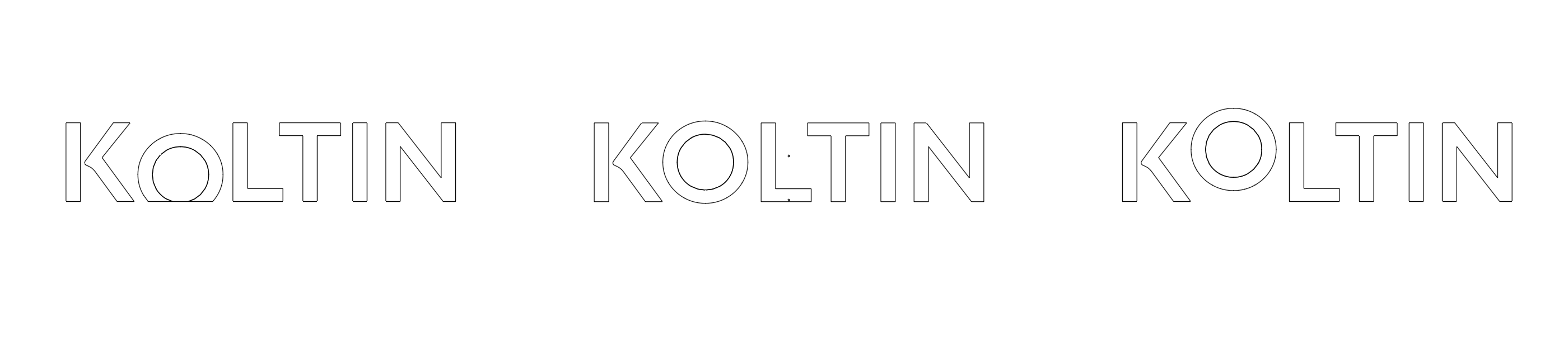 Koltin logo outline exploration by Lunalunares, featuring three minimal wordmark variations with thin linear typography and geometric letter construction.