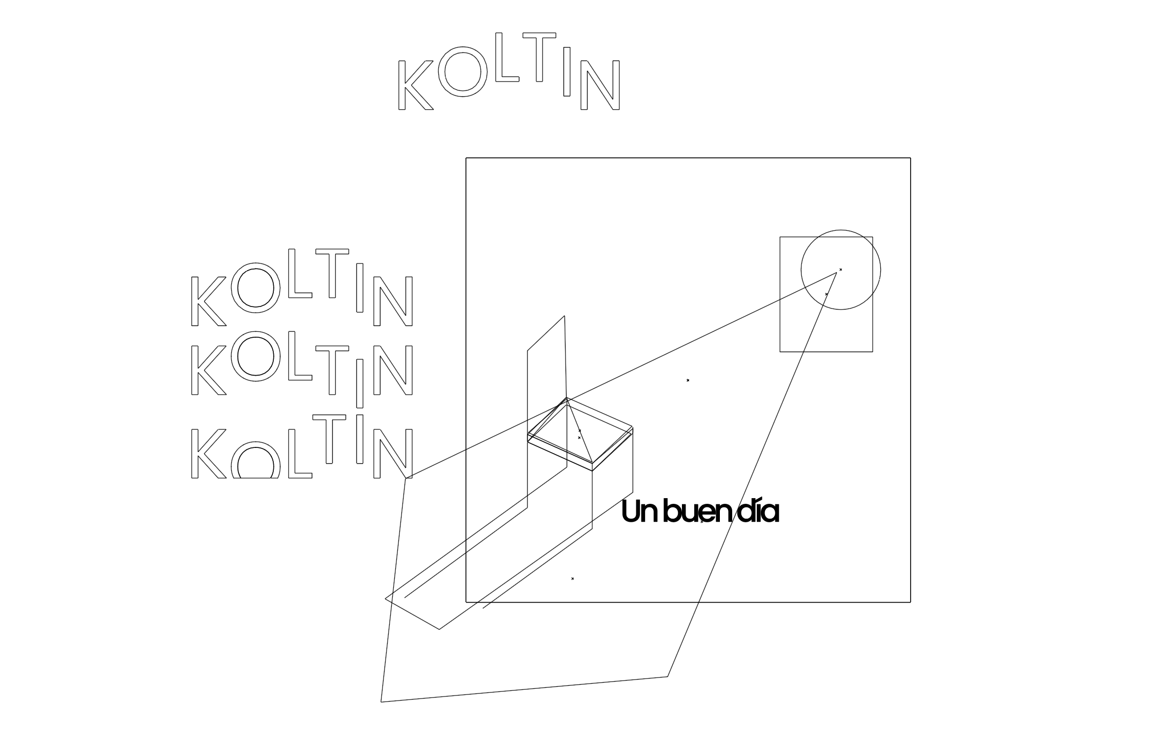 Koltin identity composition by Lunalunares, combining outline logo variations, geometric structure, linear illustration, and the Spanish phrase Un buen día in a minimal black and white layout.