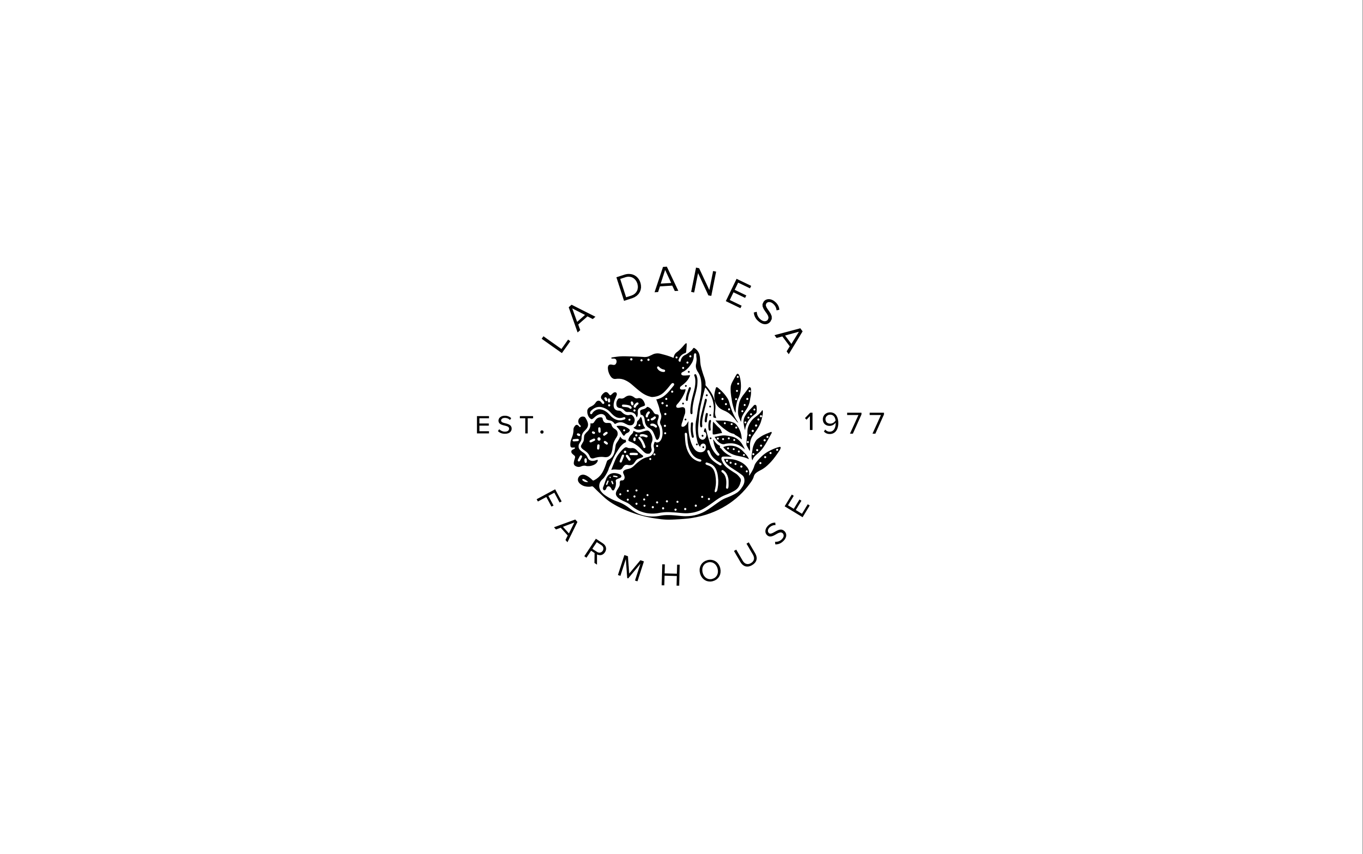 Logo design exploration for La Danesa Farmhouse by Lunalunares, featuring a  illustration surrounded by botanical elements, flowers, and circular typography with the establishment year.