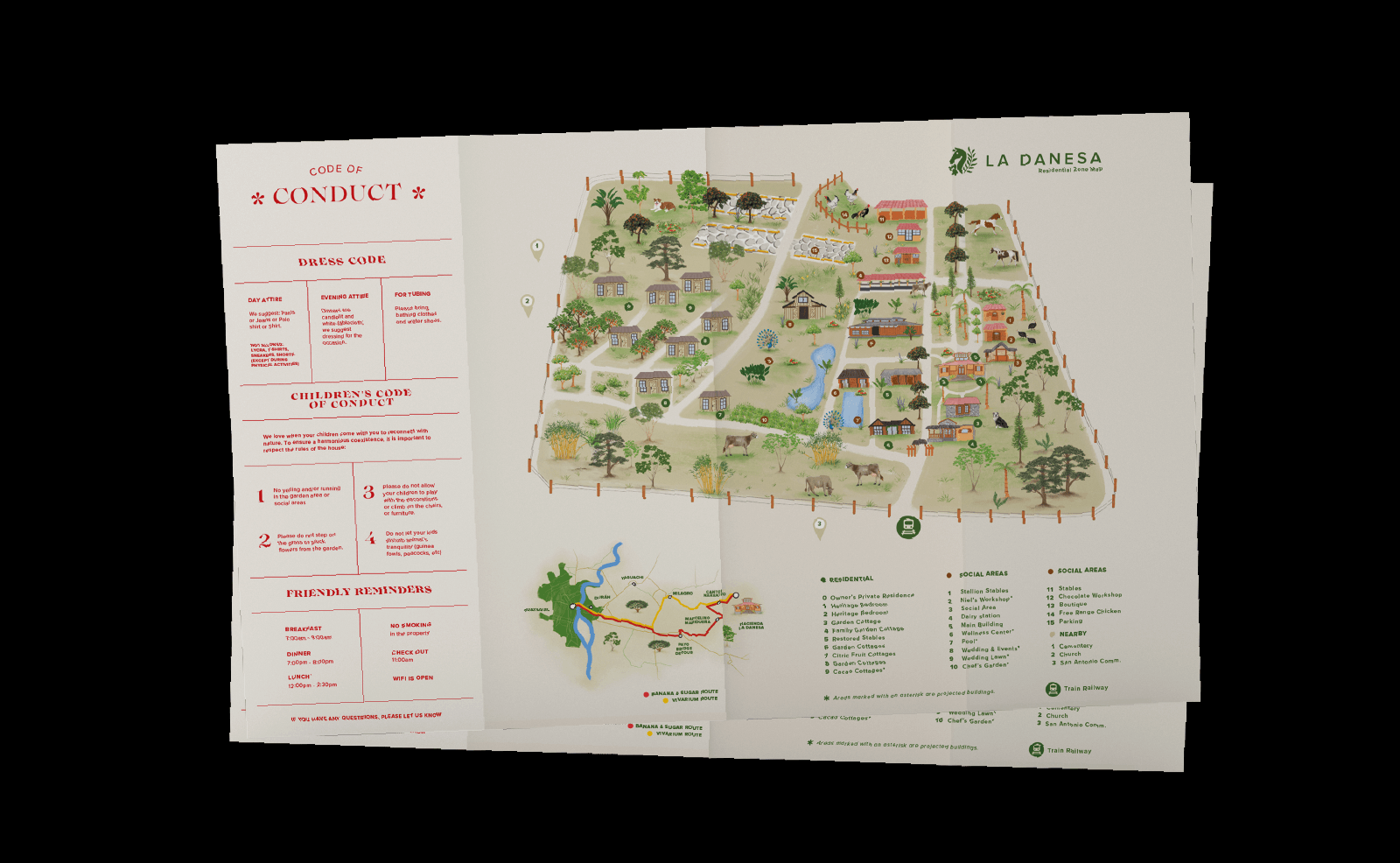 Fold-out brochure design for La Danesa Farmhouse by Lunalunares, combining a guest code of conduct, illustrated property map, trail routes, residential areas, social spaces, and visitor information.