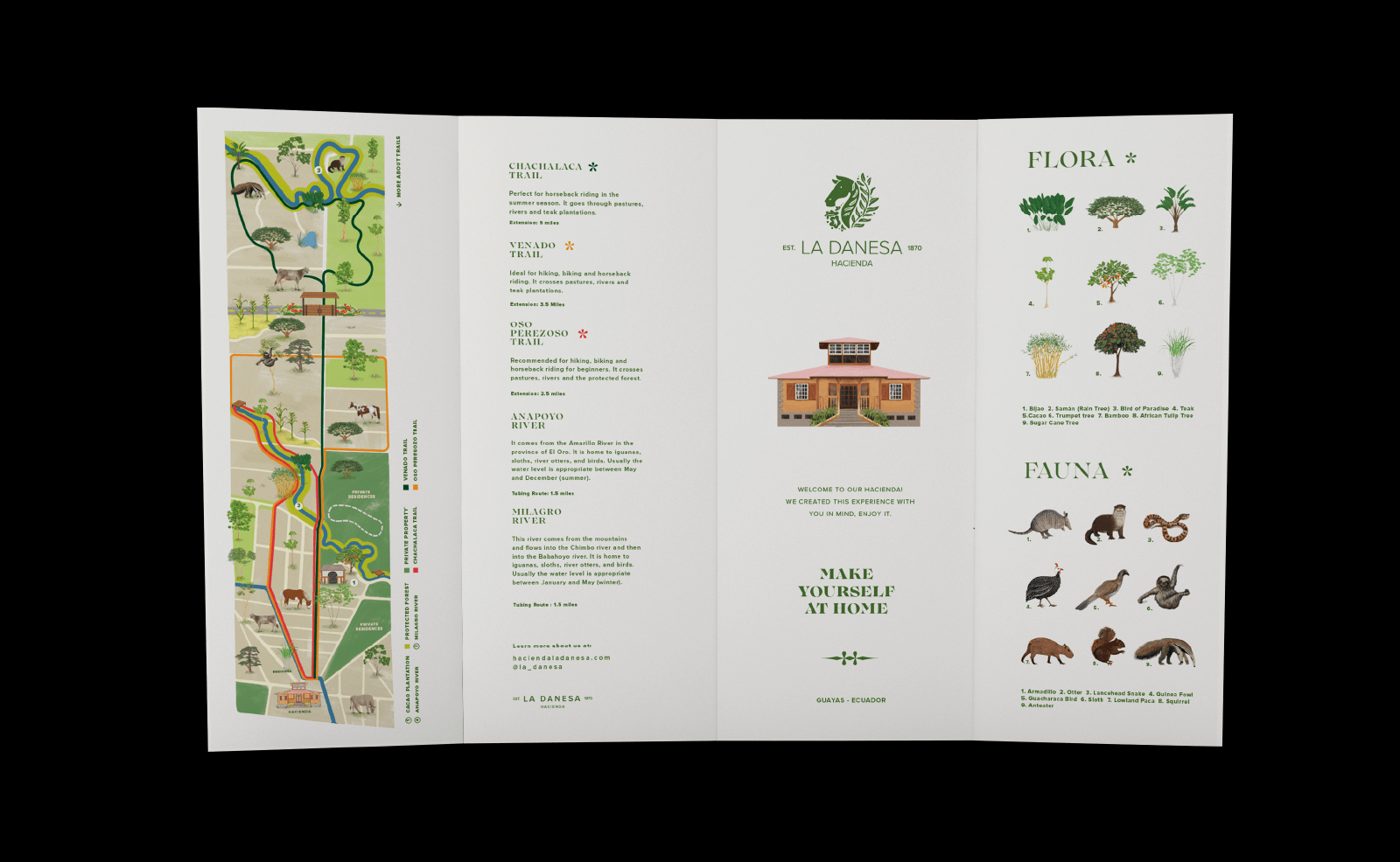 Open brochure design for La Danesa Hacienda by Lunalunares, presenting an illustrated trail map, route descriptions, farmhouse welcome message, flora guide, and fauna guide.