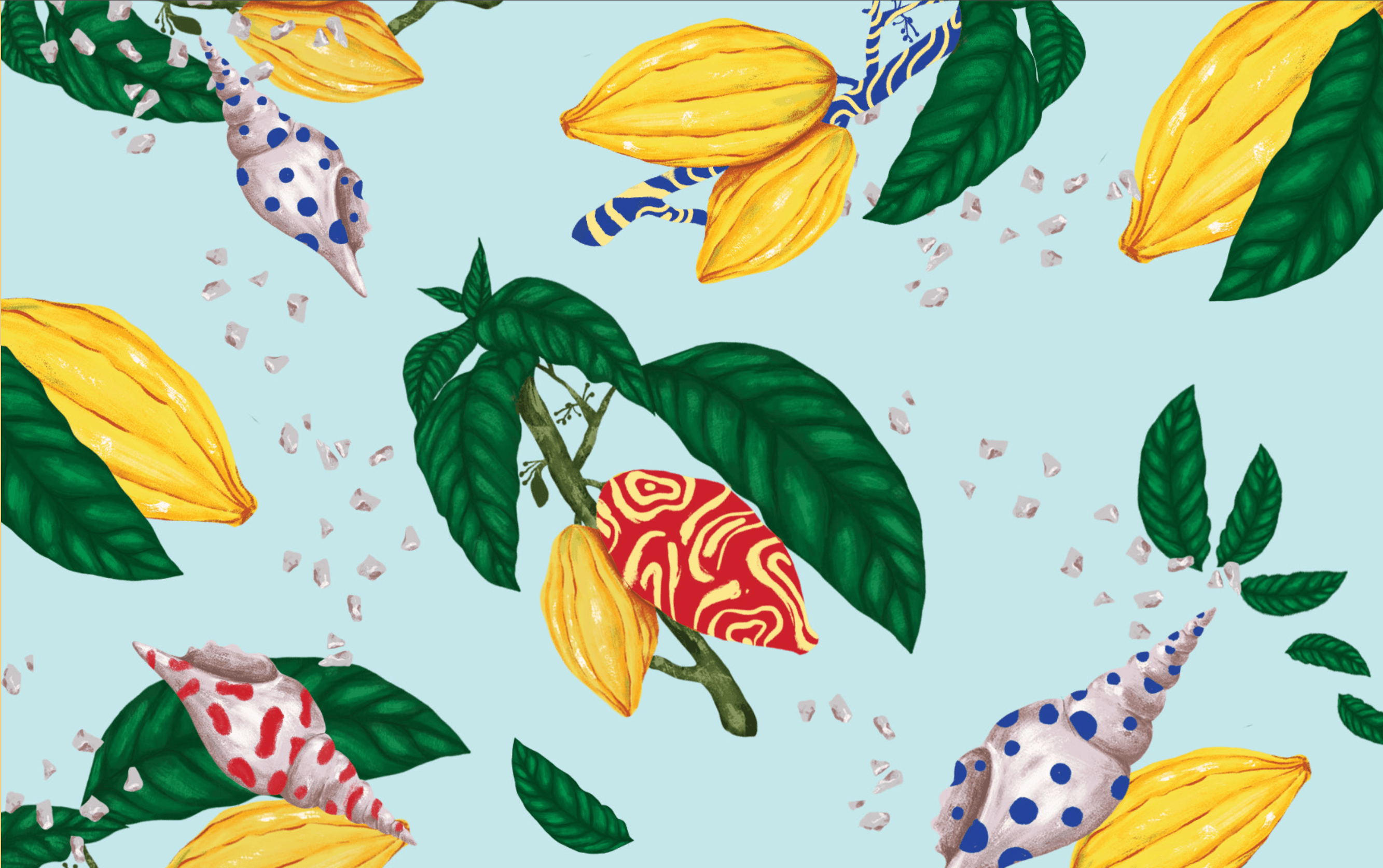 Tropical pattern illustration for La Danesa Farmhouse by Lunalunares, featuring cacao pods, green leaves, decorative shells, mineral elements, and colorful organic textures.