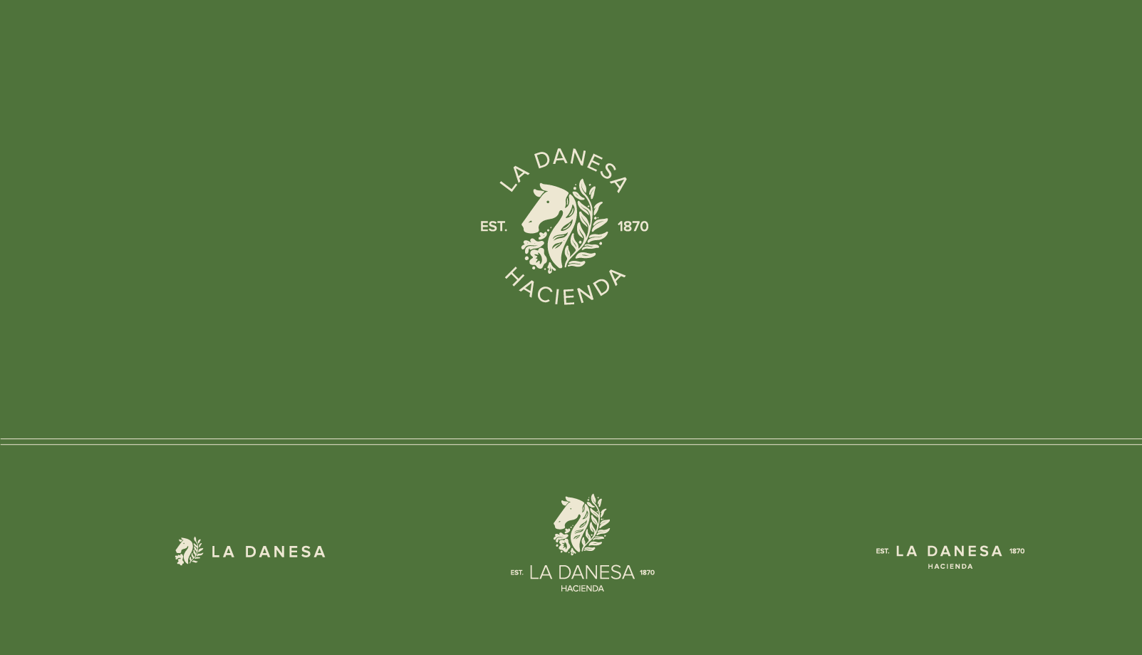 Logo system design for La Danesa Hacienda by Lunalunares, presenting multiple brand lockups, circular emblem versions, and cream logo applications on a deep green background.