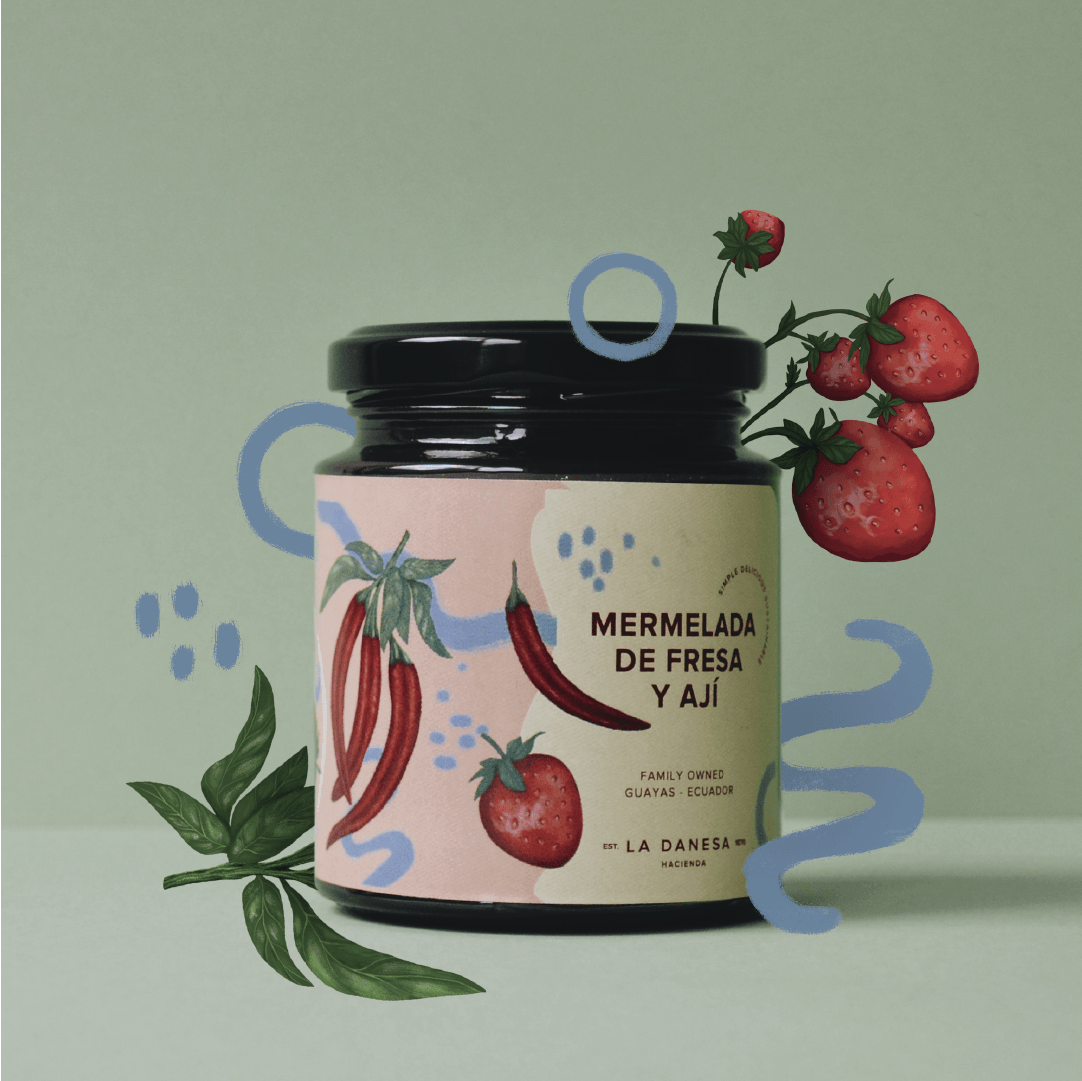 Strawberry and chili jam packaging design for La Danesa by Lunalunares, featuring a labeled glass jar with illustrated strawberries, red chili peppers, botanical details, and a muted green background.