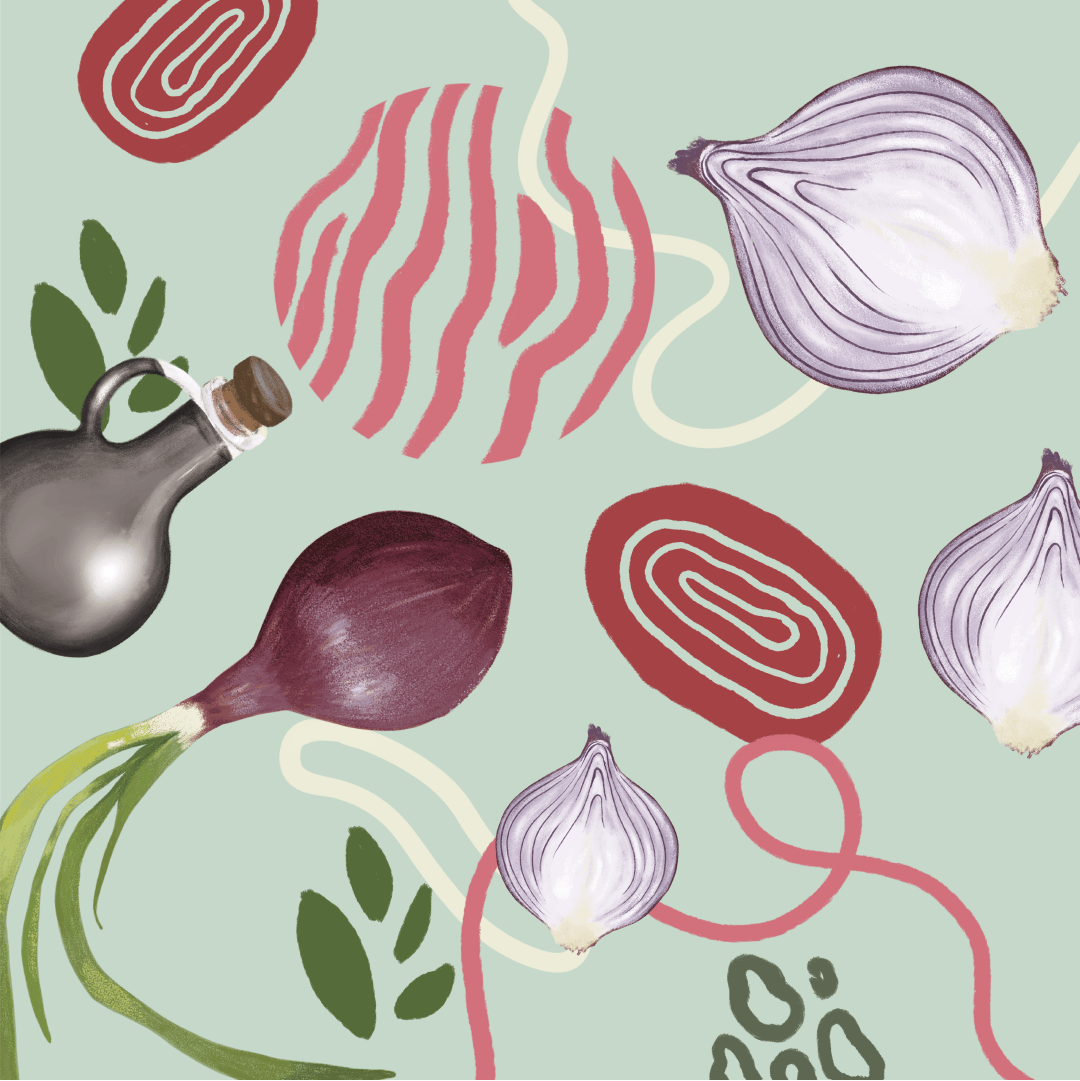 Black onion pattern illustration for La Danesa by Lunalunares, combining onion drawings, vinegar bottle illustration, organic linework, abstract shapes, and a soft green background.