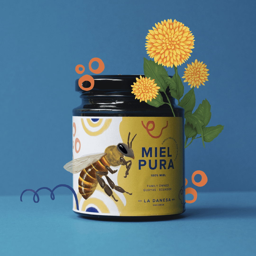 Pure honey packaging design for La Danesa by Lunalunares, showing a honey jar with bee illustration, yellow label, botanical artwork, flowers, and expressive graphic elements on a blue background.