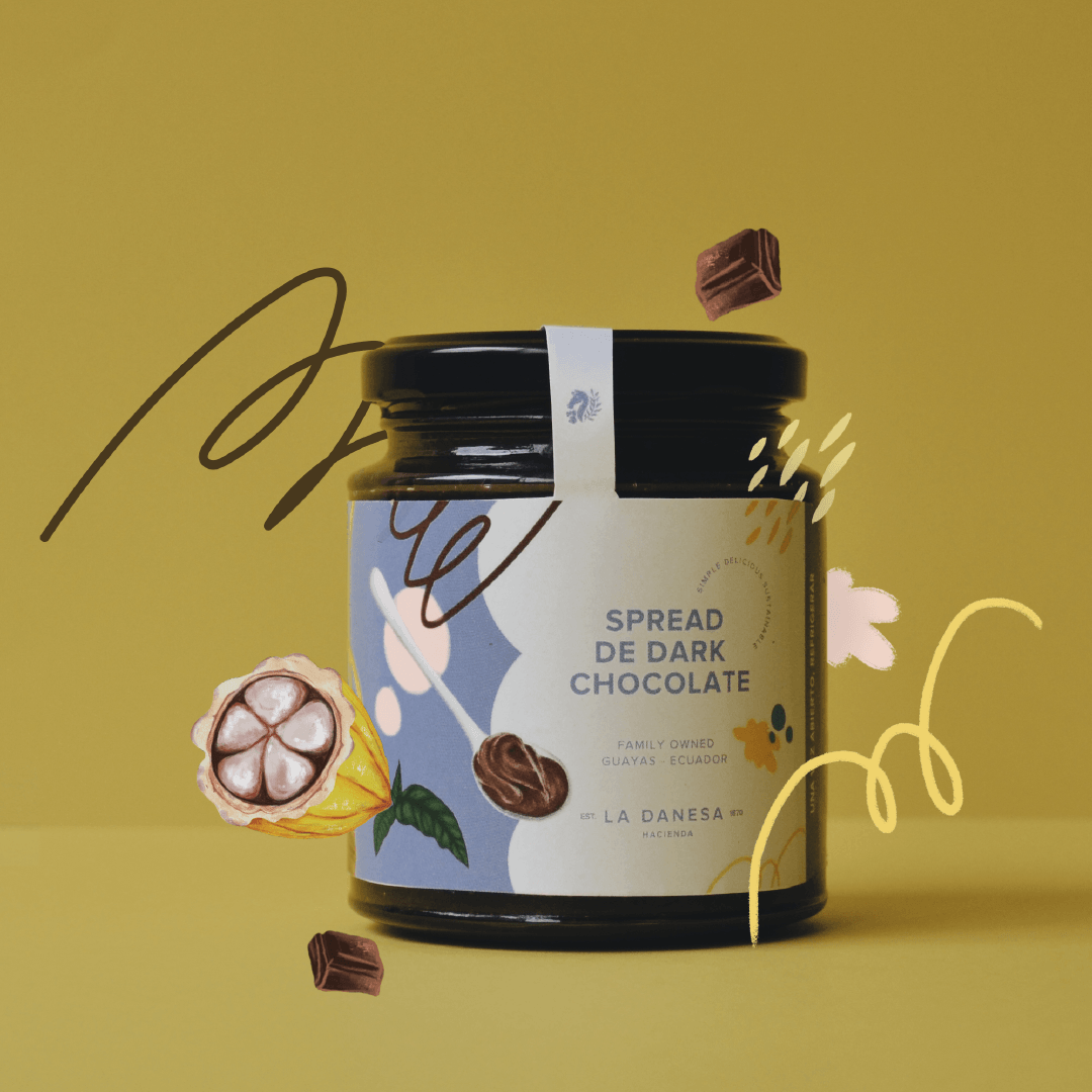 Dark chocolate spread packaging design for La Danesa by Lunalunares, featuring cacao illustrations, chocolate pieces, expressive hand-drawn graphics, and a warm yellow product photography setup.