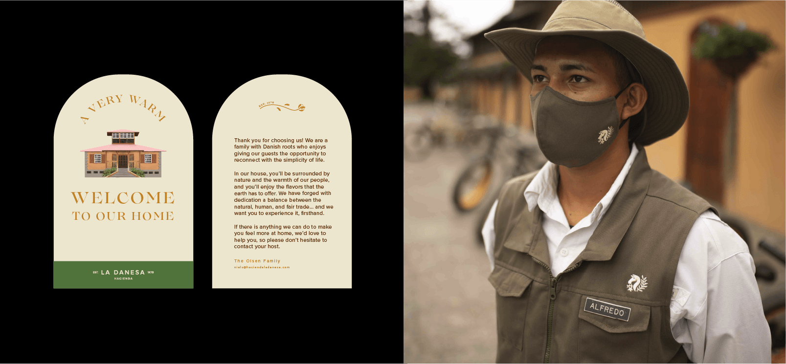 Hospitality branding for La Danesa by Lunalunares, showing a welcome card design and staff uniform application with embroidered logo on a vest and face mask.