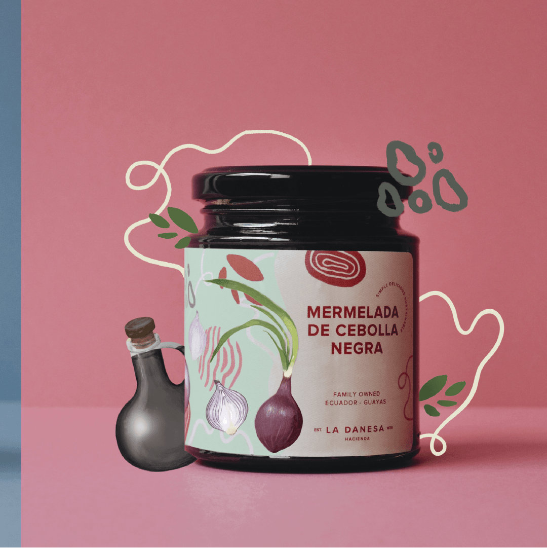 Packaging design for La Danesa by Lunalunares, showing a black onion jam jar with illustrated onion elements, hand-drawn graphic details, and a soft pink product photography background.
