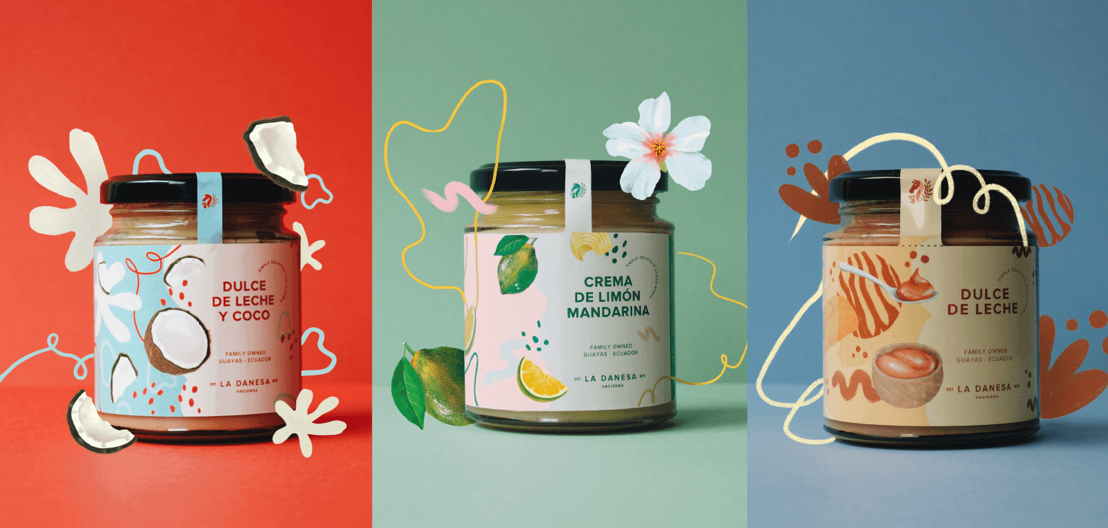Product packaging line for La Danesa by Lunalunares, showing dulce de leche, mandarin lime cream, and dulce de leche jars with illustrated labels, colorful backgrounds, and expressive brand graphics.