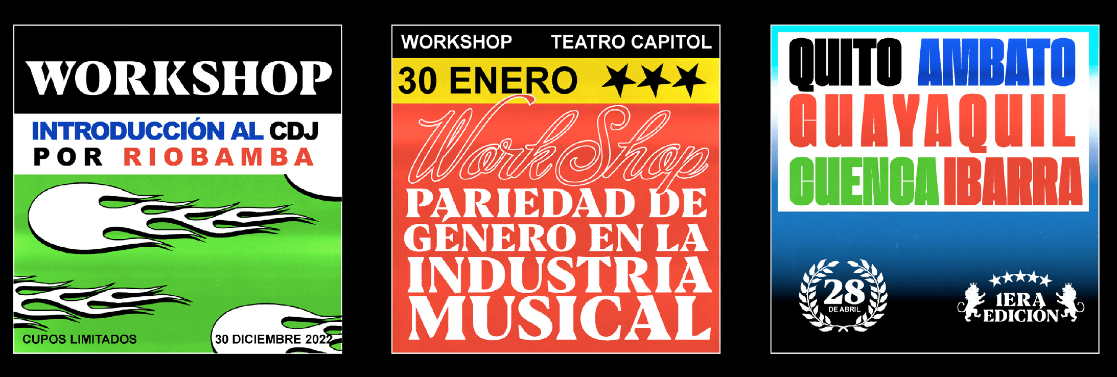 Workshop poster designs for Minka Musical by Lunalunares, showing expressive typography, vivid gradients, bold graphic symbols, and promotional layouts for music industry events.