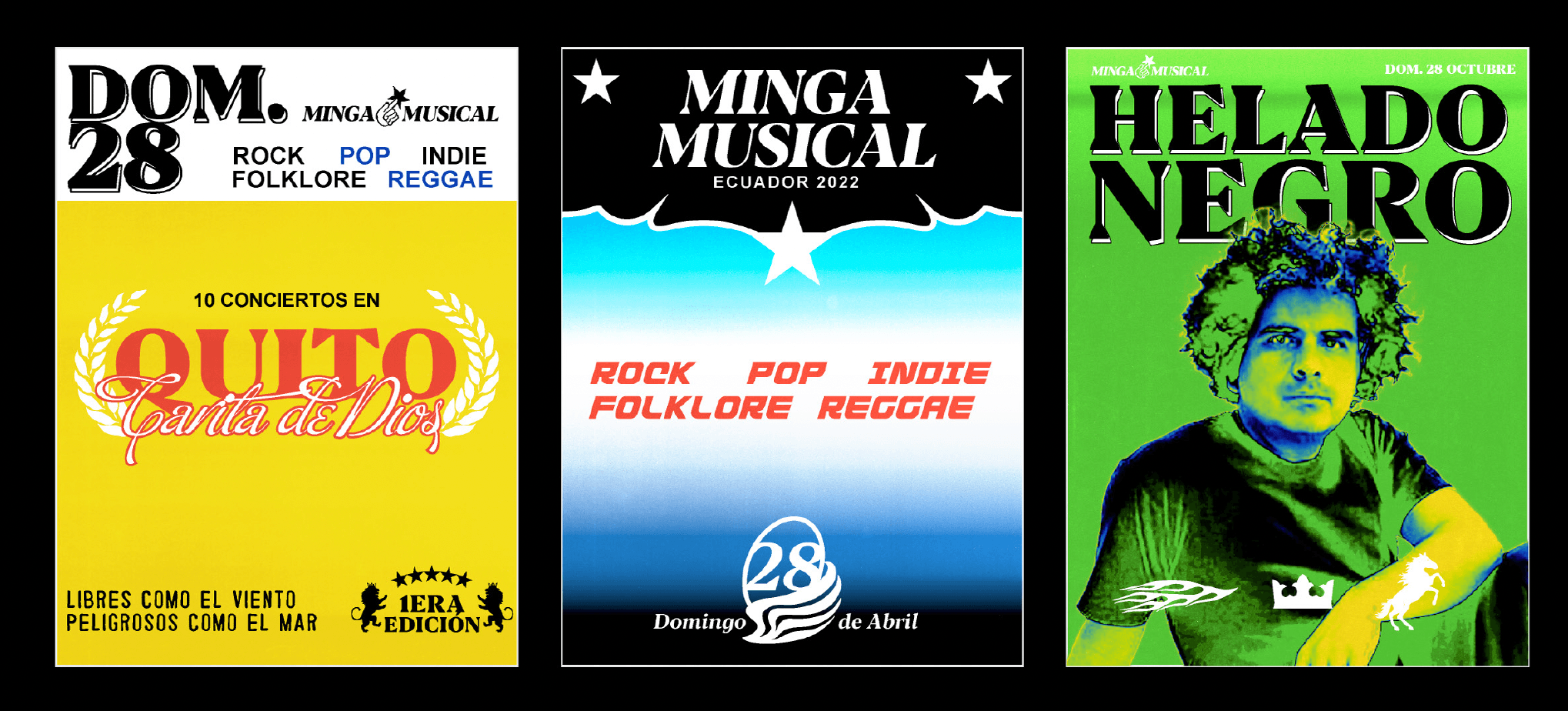 Event poster system for Minka Musical by Lunalunares, featuring bold typography, high-contrast color palettes, music festival graphics, and promotional layouts for concerts and workshops.