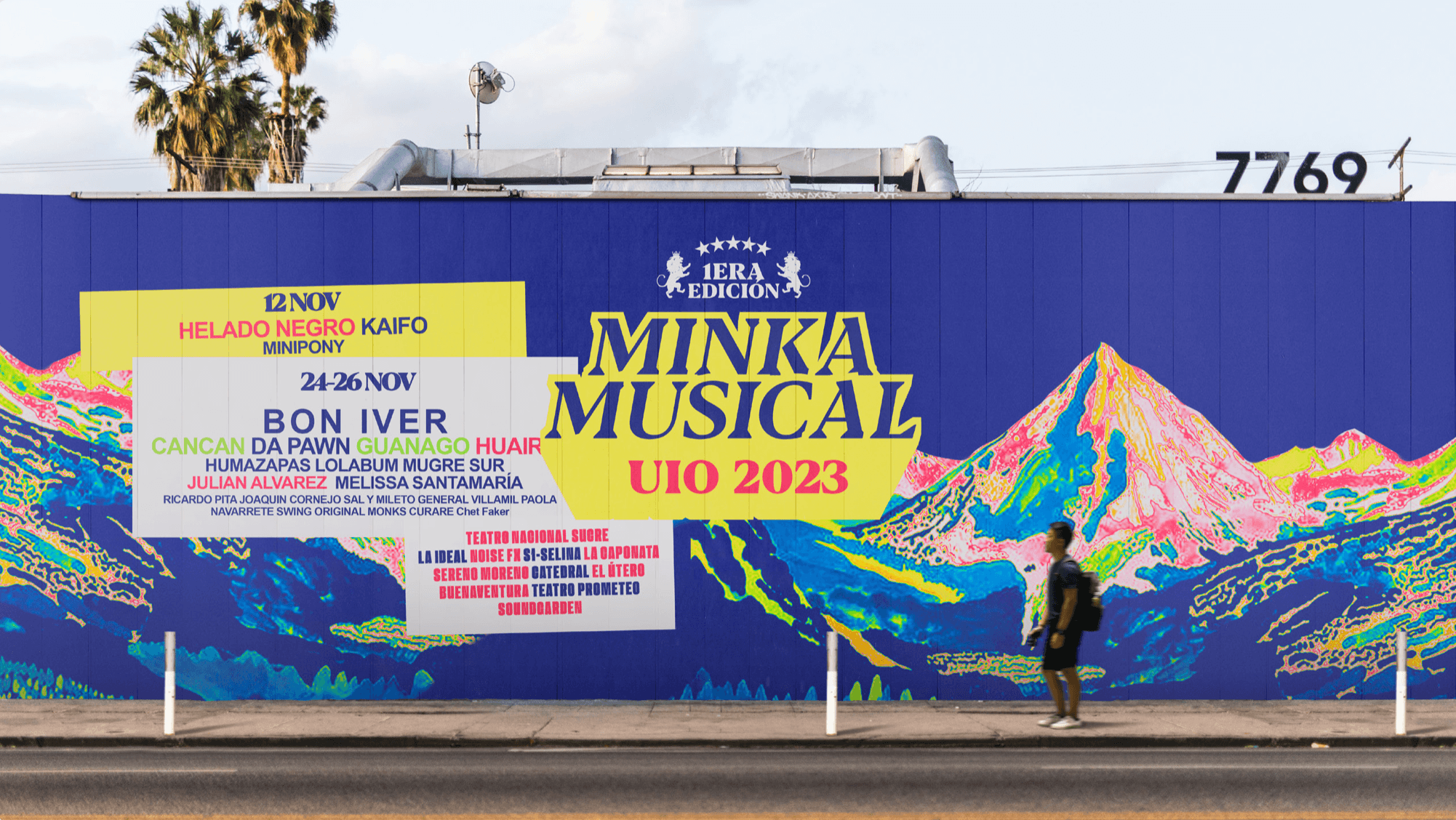 Urban mural brand application for Minka Musical by Lunalunares, featuring large-scale event typography, national product messaging, illustrated symbols, and bold graphics on a red street wall.