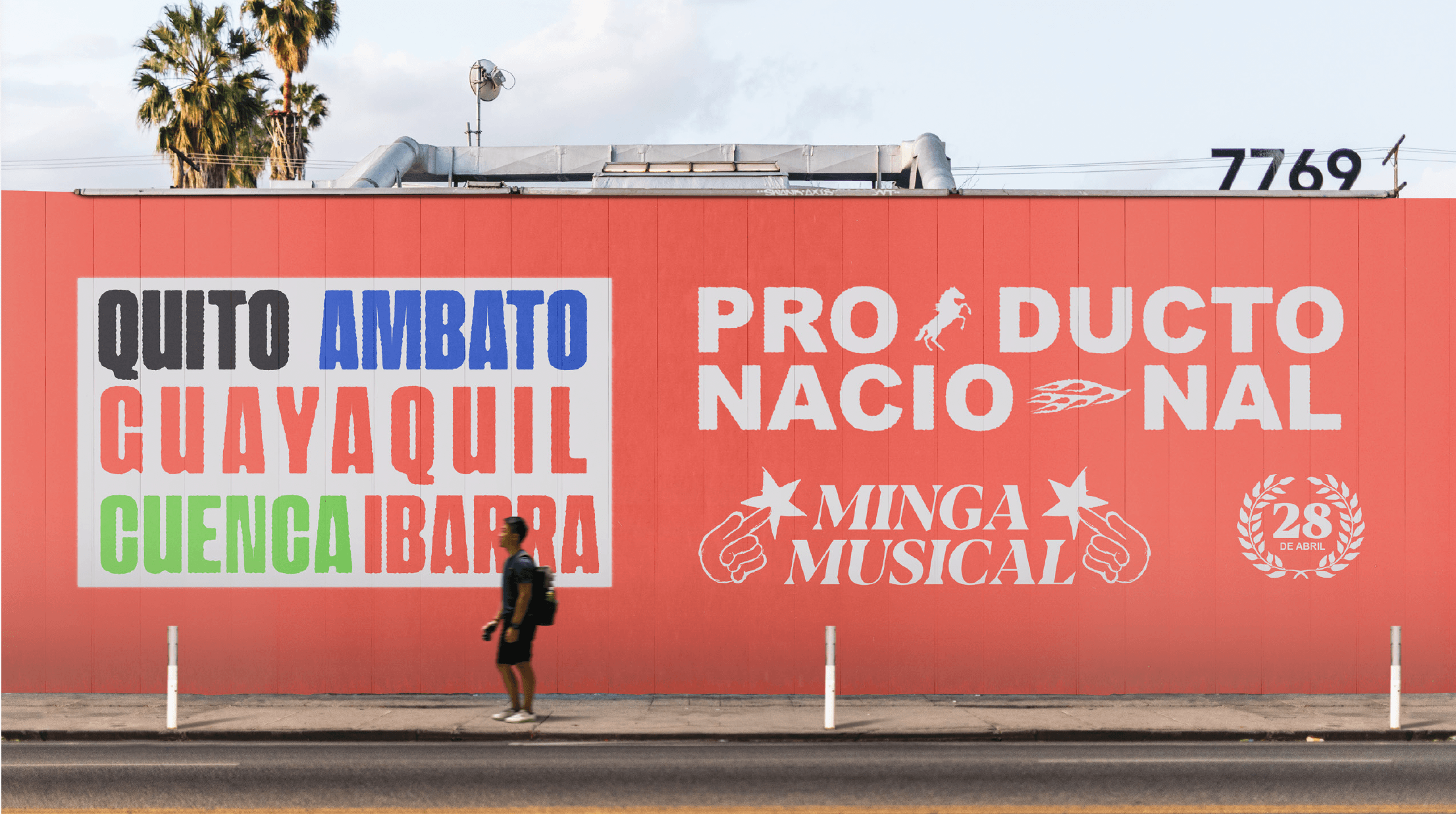 Minka Musical UIO 2023 mural application by Lunalunares, featuring a large blue street wall, colorful mountain illustration, festival lineup typography, and bold music event branding.