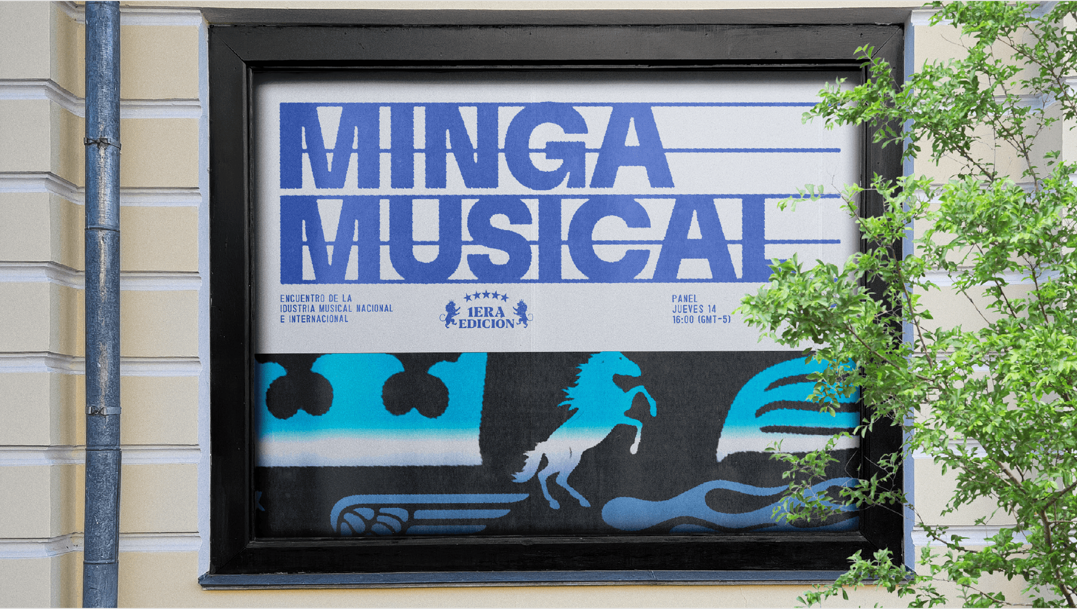 Window poster application for Minka Musical by Lunalunares, showing a blue typographic logo, event information, and graphic illustration elements applied to an urban storefront display.