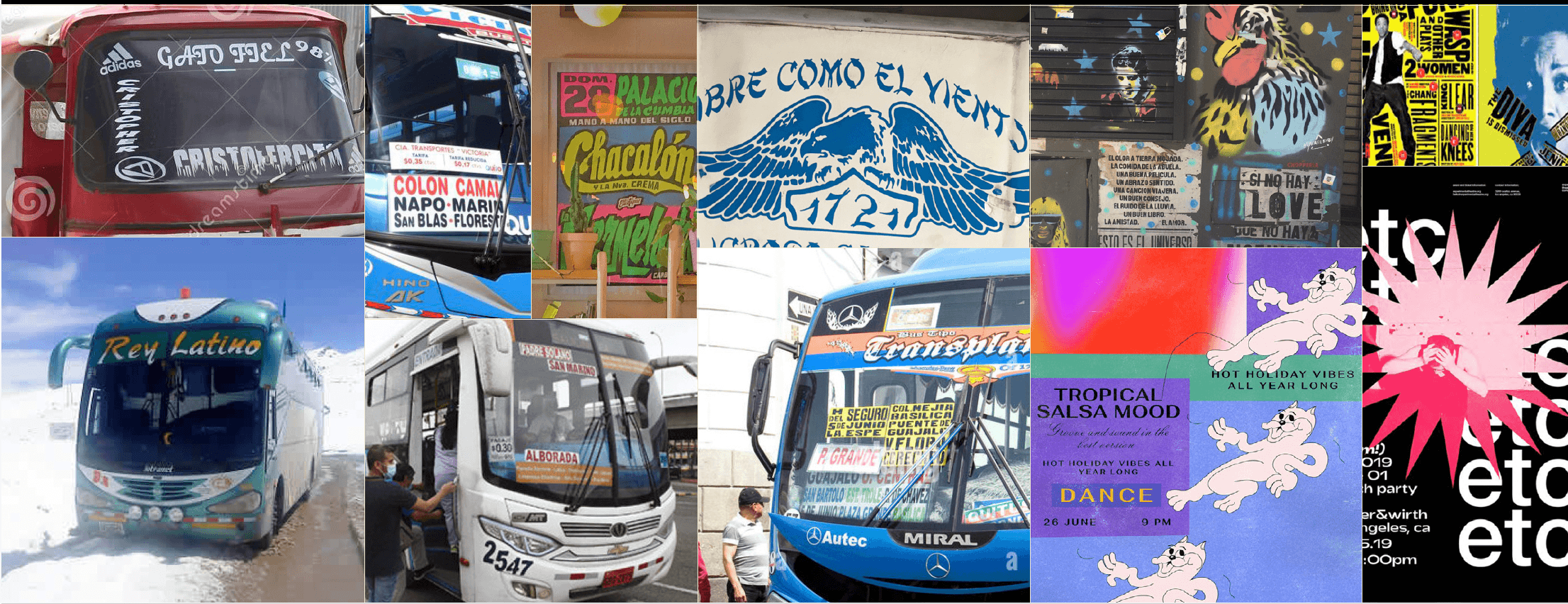 Visual research moodboard for Minka Musical by Lunalunares, featuring Ecuadorian bus lettering, tropical poster graphics, street typography, bold color references, and expressive visual identity inspiration.