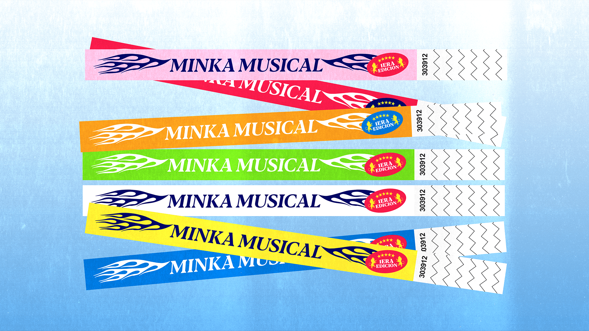 Event wristband design for Minka Musical by Lunalunares, featuring colorful admission bands, flame graphics, edition seals, and bold festival identity elements.
