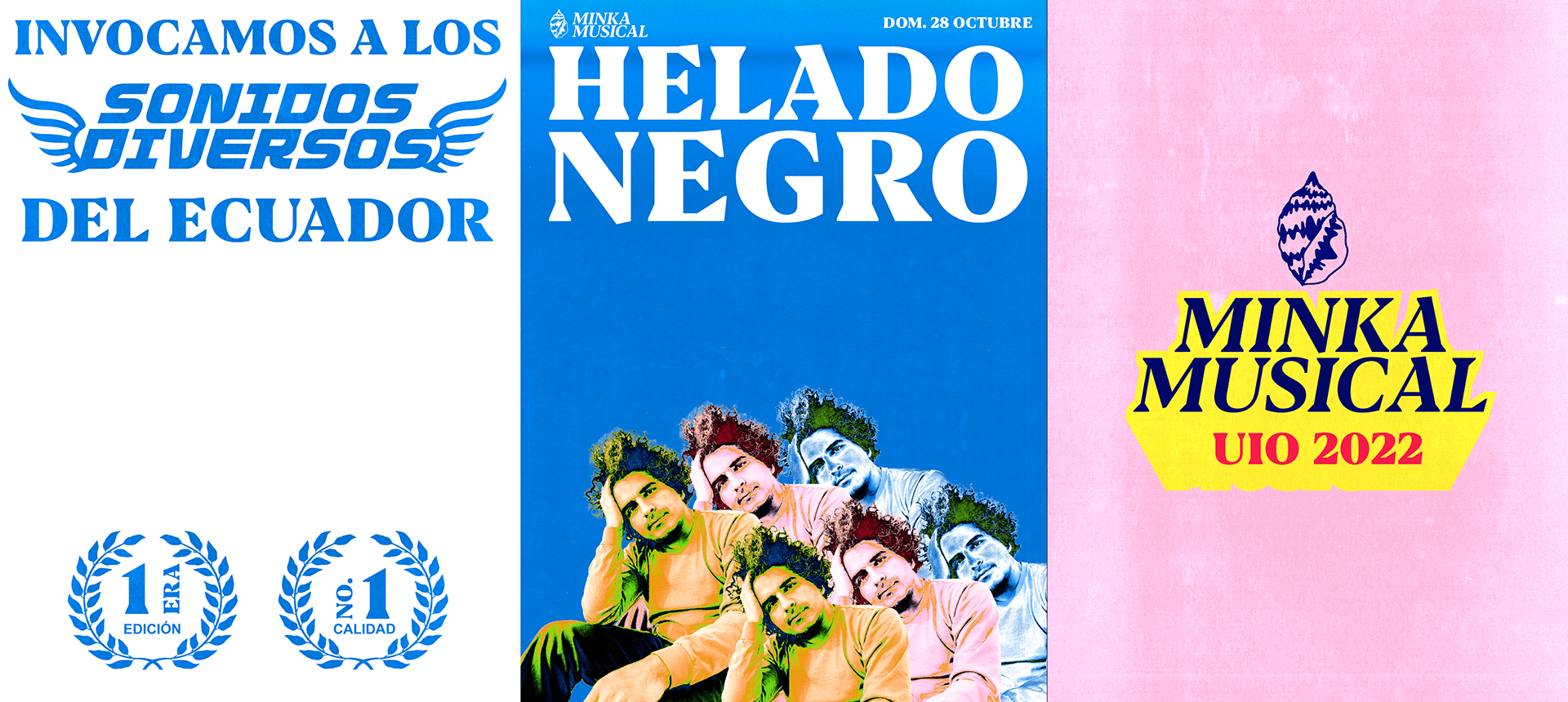 Poster manifesto series for Minka Musical by Lunalunares, combining bold typography, blue and pink backgrounds, music festival messaging, artist imagery, and UIO 2022 branding.