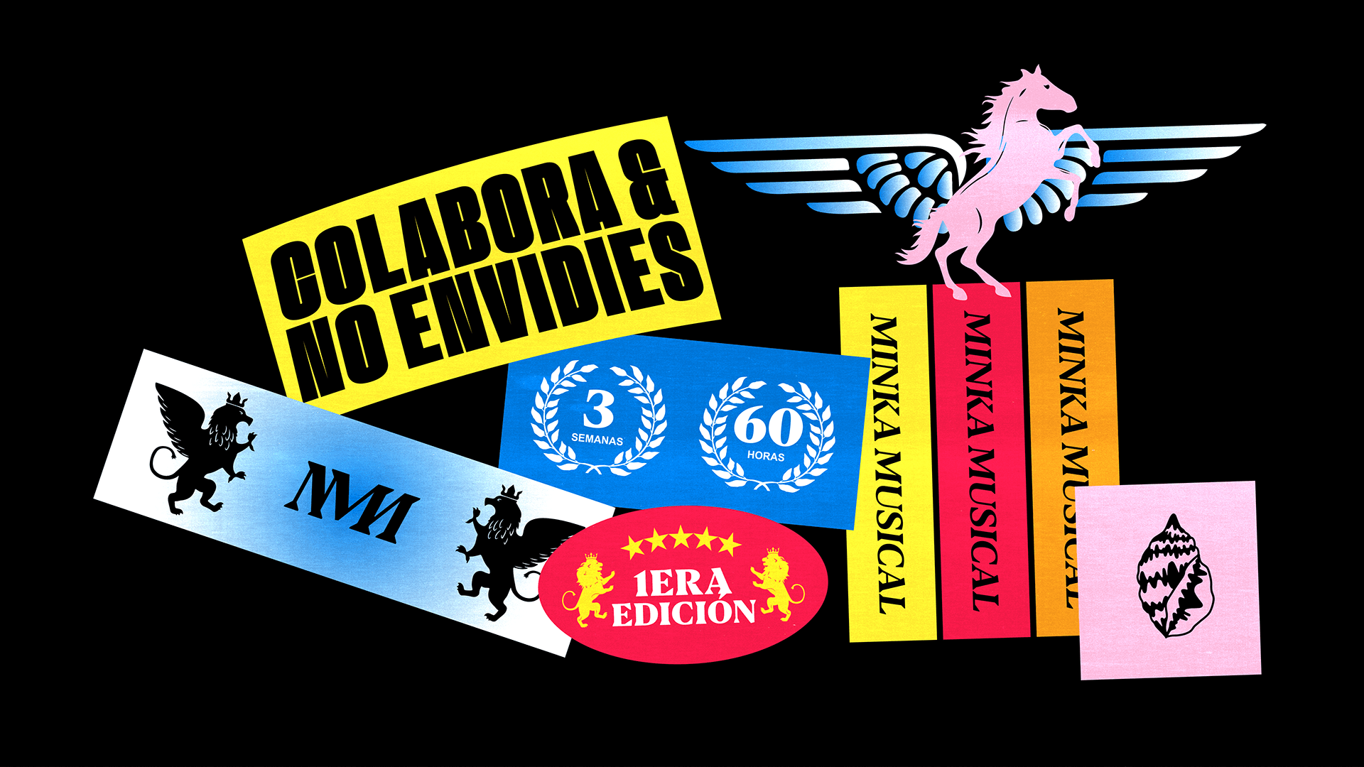 Brand sticker system for Minka Musical by Lunalunares, showing colorful graphic assets, typographic compositions, edition marks, and collaborative music festival messaging.