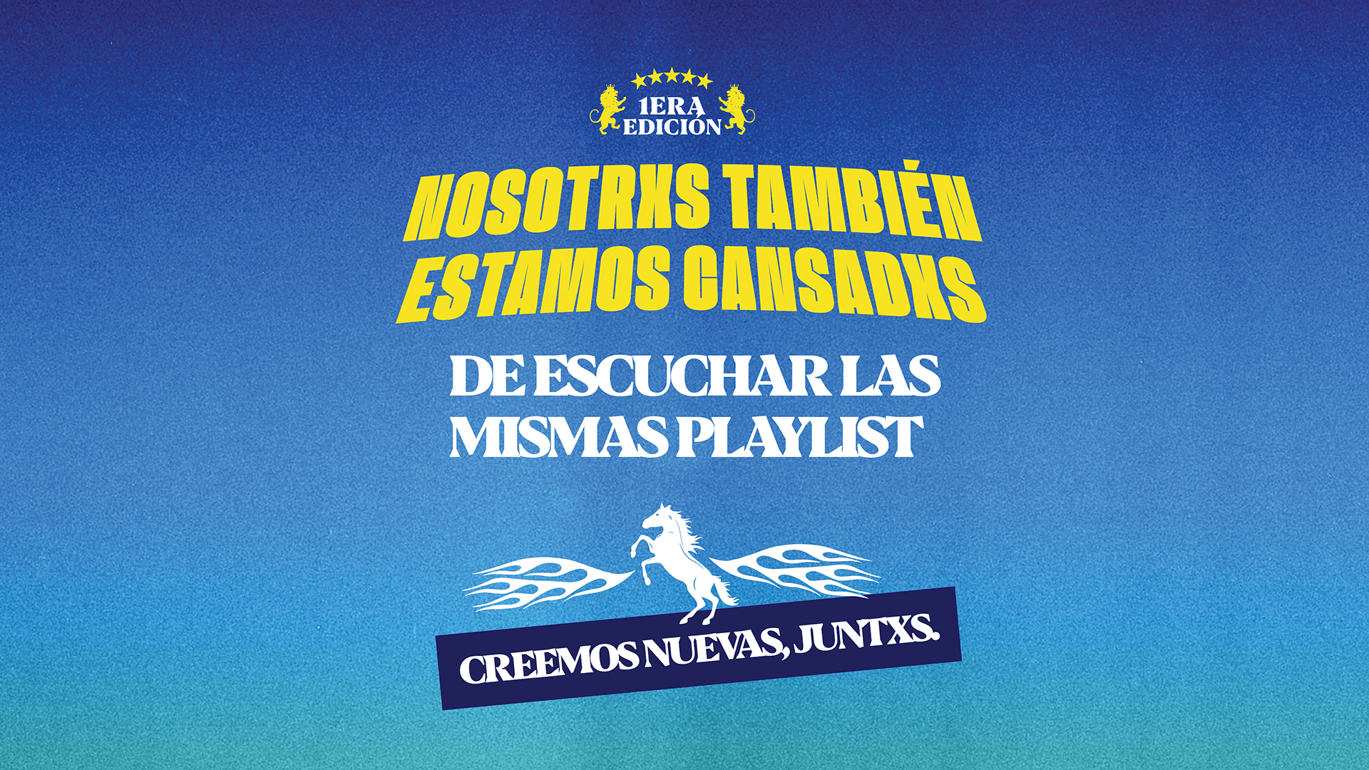 Social media communication graphic for Minka Musical by Lunalunares, featuring bold yellow and white typography, blue gradient texture, winged horse symbol, and collaborative playlist messaging.