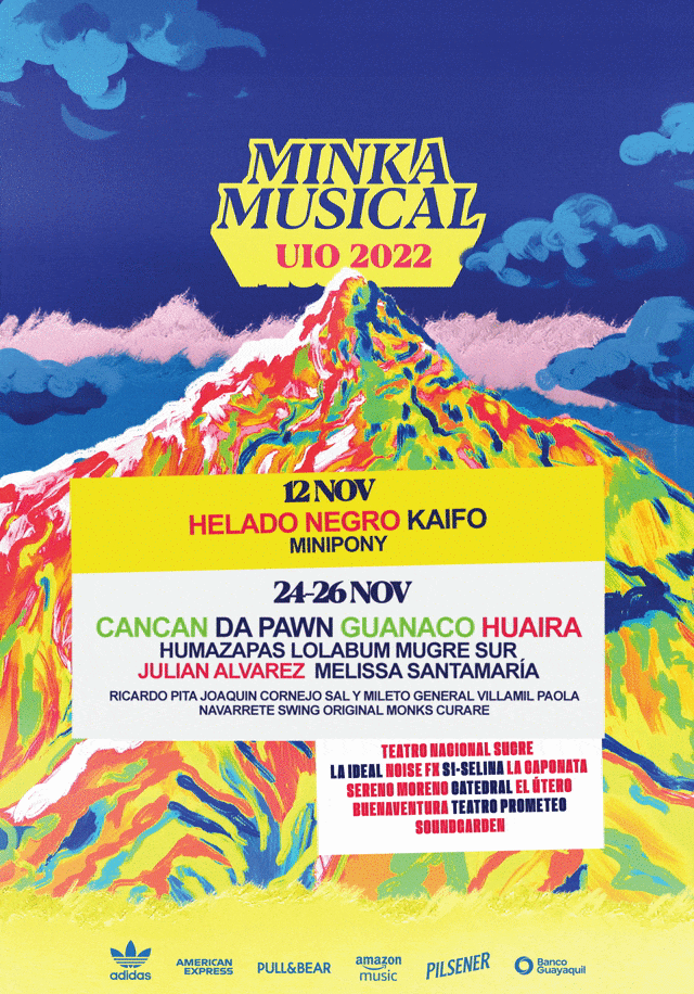 Animated poster for Minka Musical UIO 2022 by Lunalunares, featuring a colorful illustrated mountain, event lineup, sponsor logos, and bold festival typography.