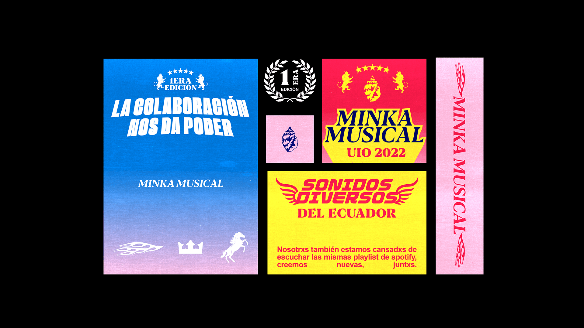 Graphic assets and stickers for Minka Musical by Lunalunares, showing colorful labels, typographic strips, edition seals, winged horse symbols, and festival identity elements on a black background.
