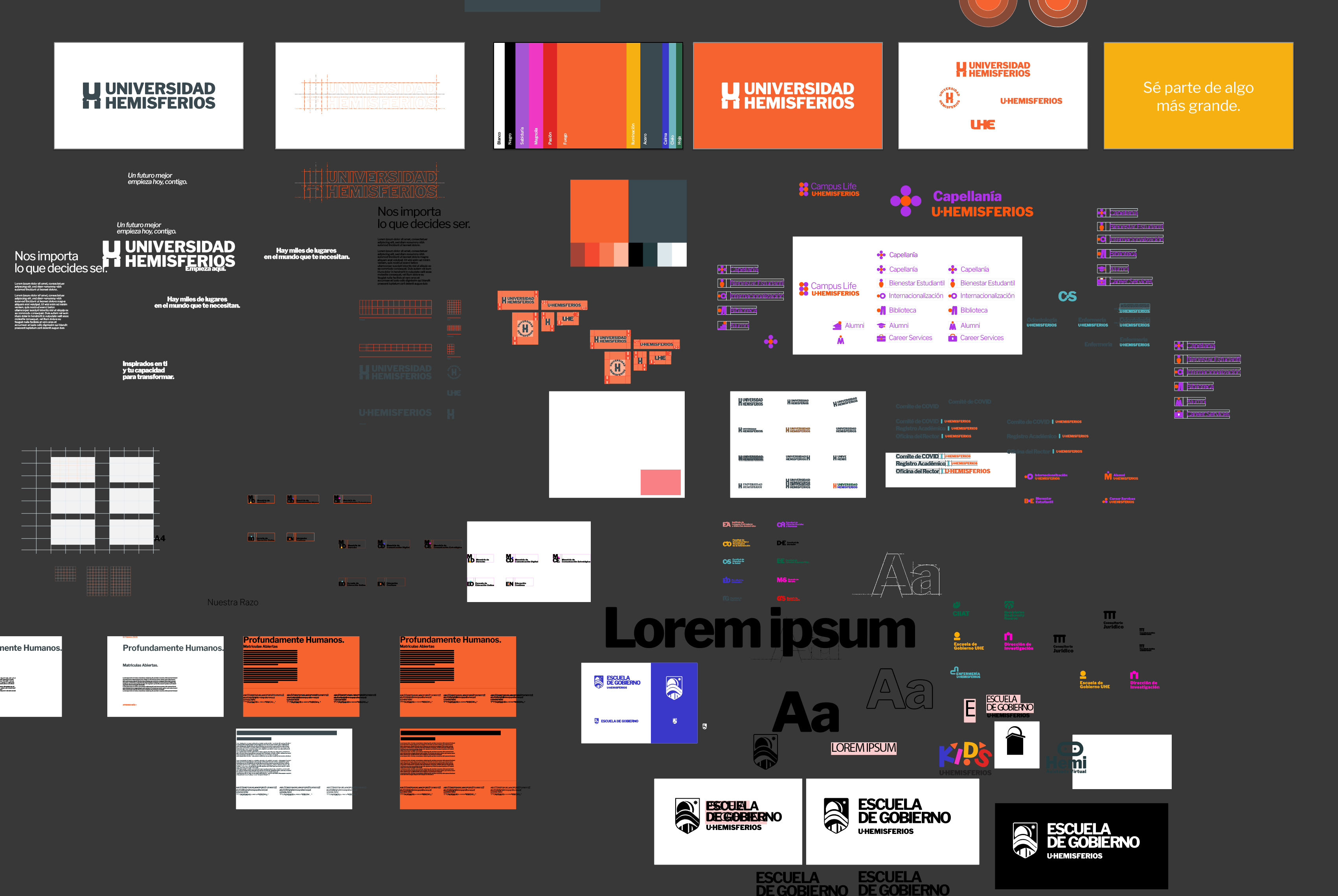 Brand identity development board for Universidad de los Hemisferios by Lunalunares, showing logo variations, color palettes, typography, sub-brand marks, layouts, and institutional applications.