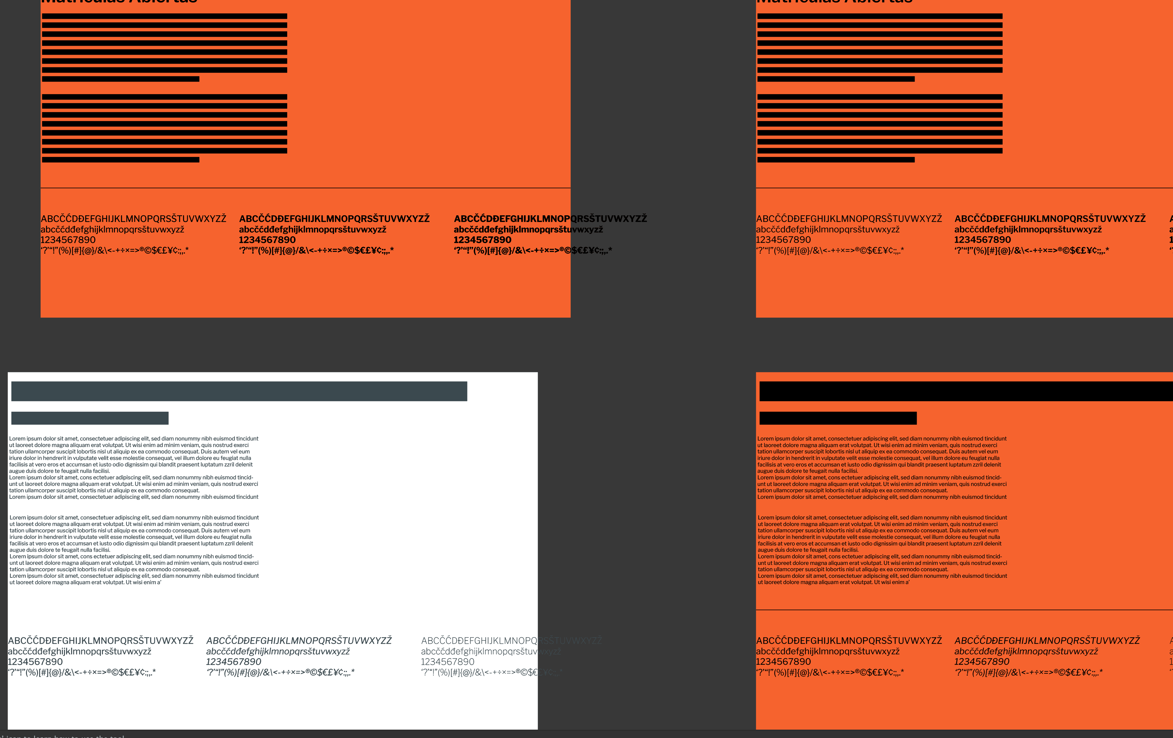 Editorial layout system for Universidad de los Hemisferios by Lunalunares, showing orange and white content layouts, typography testing, text hierarchy, and institutional graphic applications.