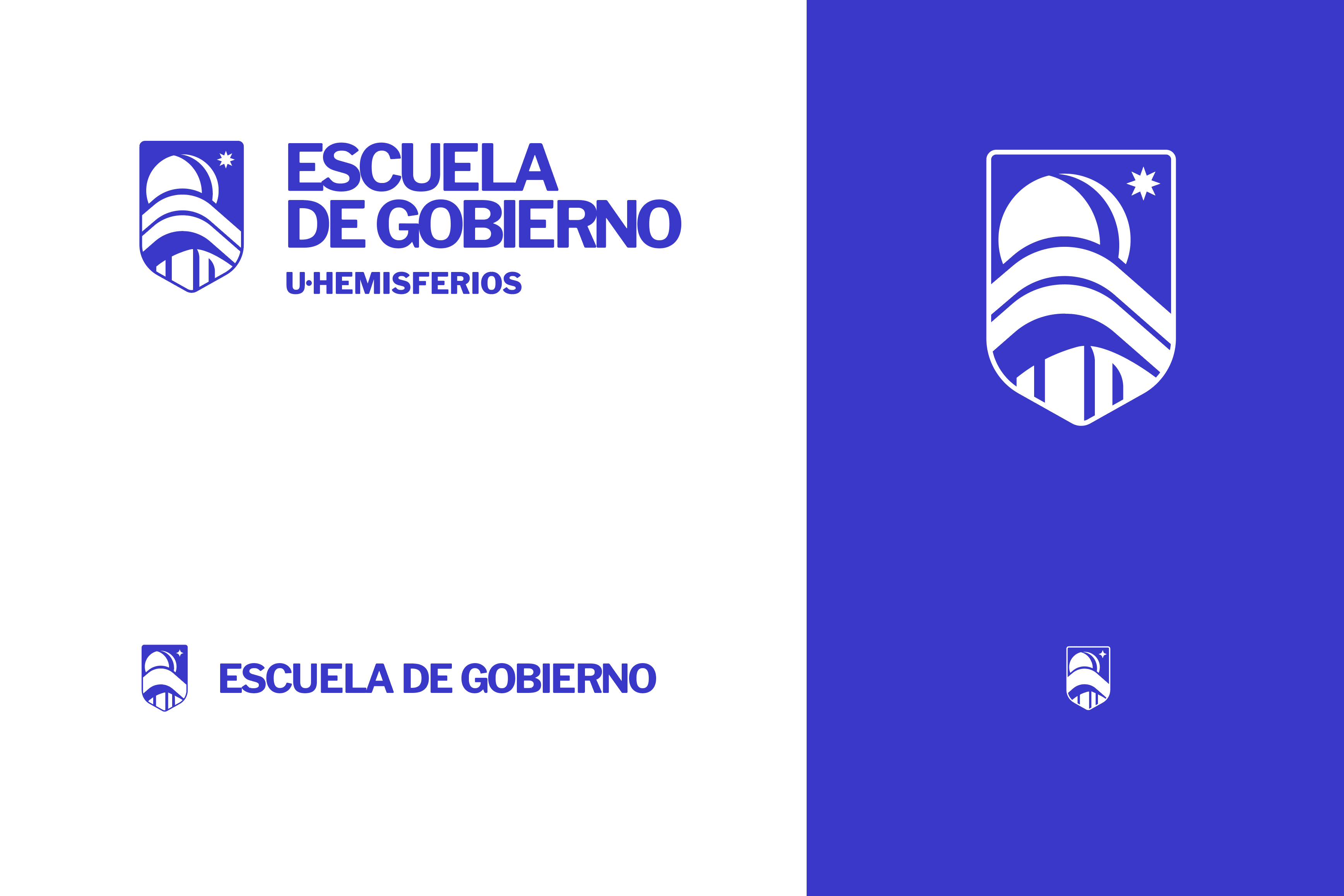School of Government logo design for U-Hemisferios by Lunalunares, featuring a blue institutional shield, bold typography, and horizontal and vertical brand lockups.