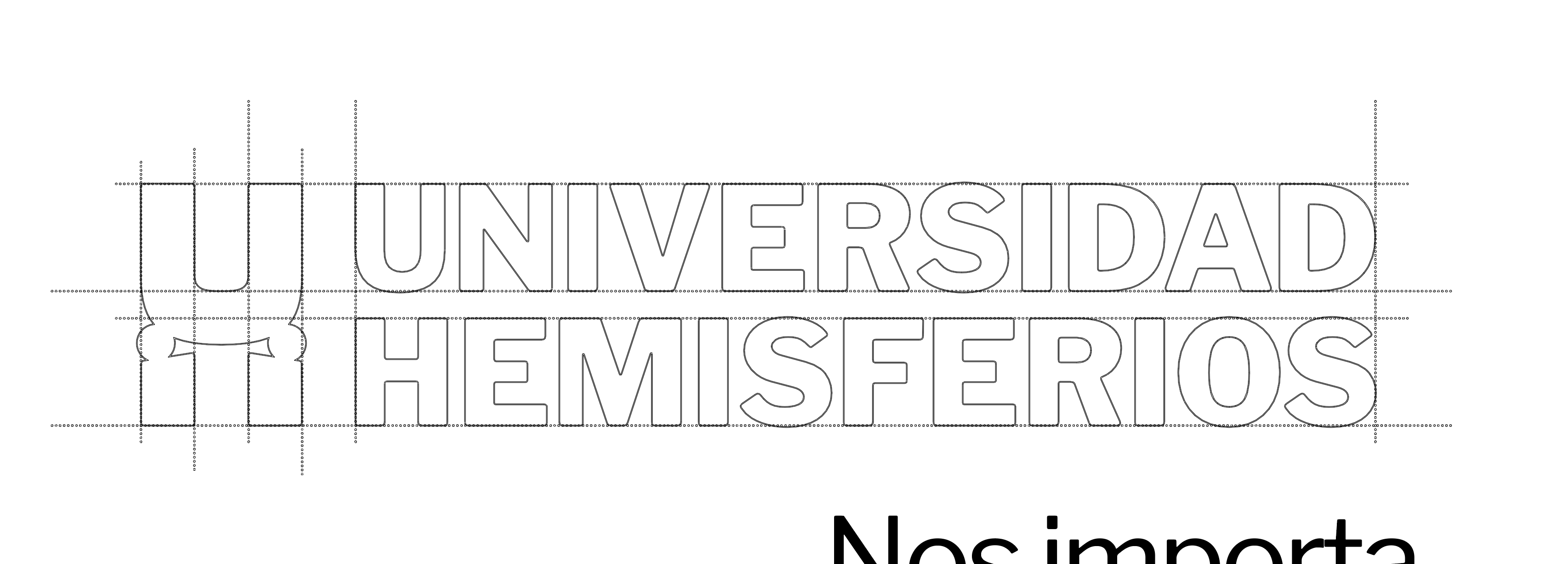 Logo construction grid for Universidad de los Hemisferios by Lunalunares, showing outline letterforms, alignment guides, and institutional identity development.