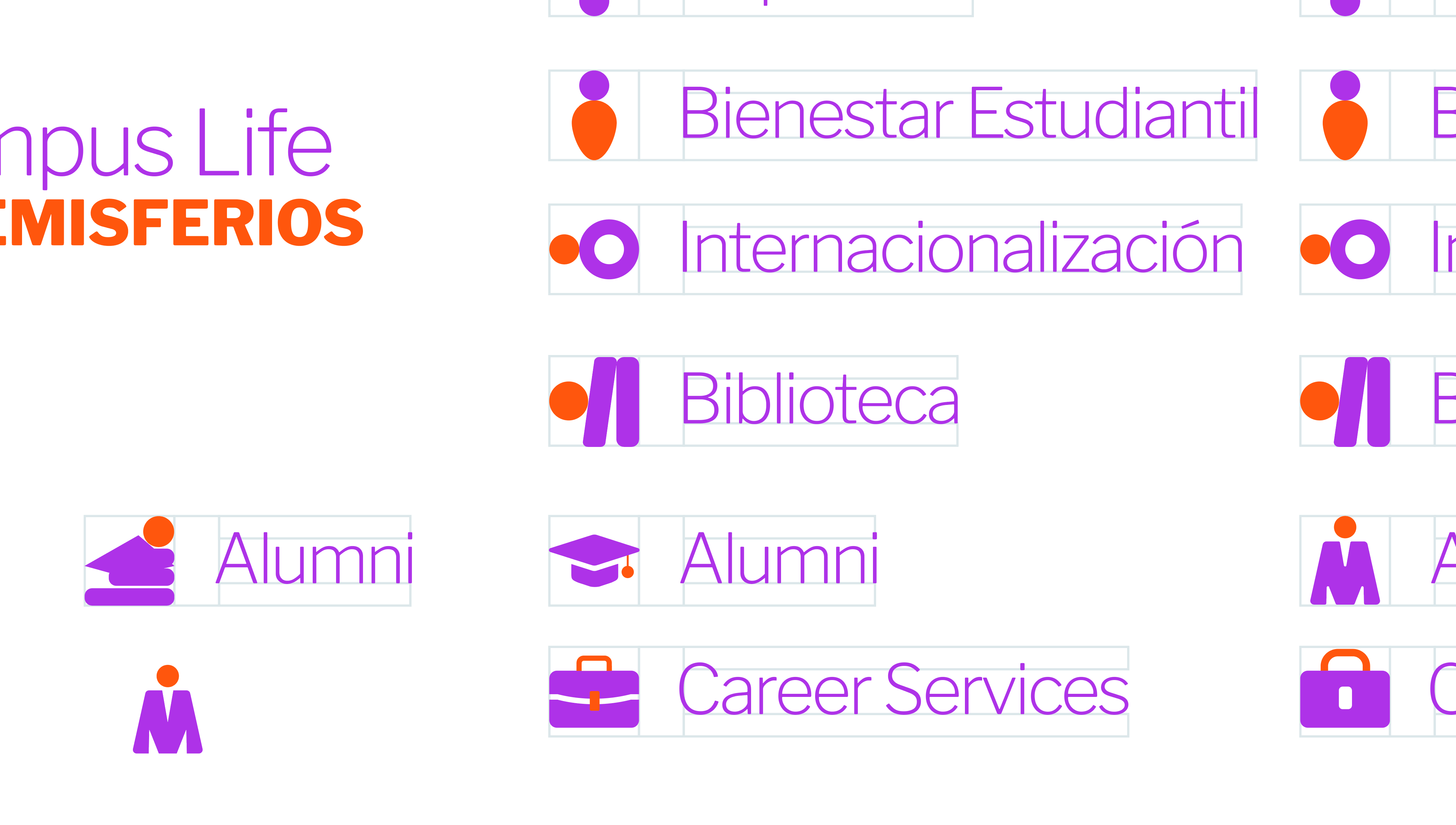 Campus Life icon system for U-Hemisferios by Lunalunares, featuring colorful icons for student wellbeing, internationalization, library, alumni, and career services.
