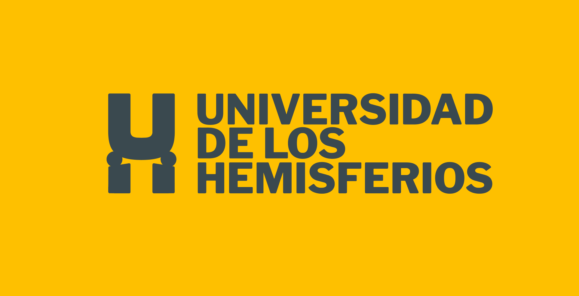 Final logo presentation for Universidad de los Hemisferios by Lunalunares, featuring the institutional symbol and bold wordmark on a yellow background.