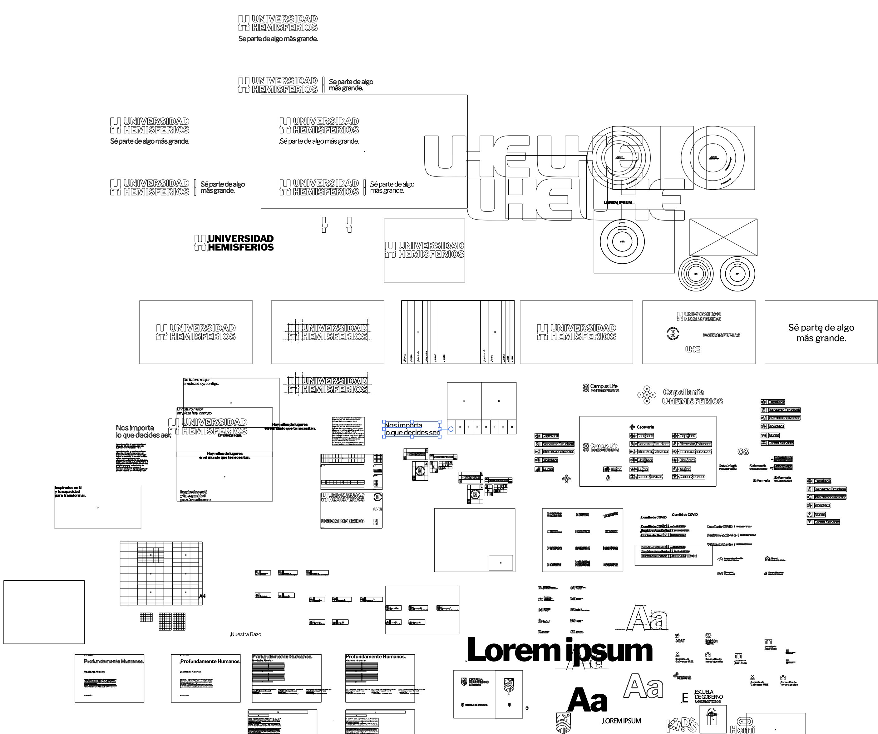 Black and white identity system wireframe for Universidad de los Hemisferios by Lunalunares, showing logo studies, layouts, grids, sub-brands, typography, and institutional applications.