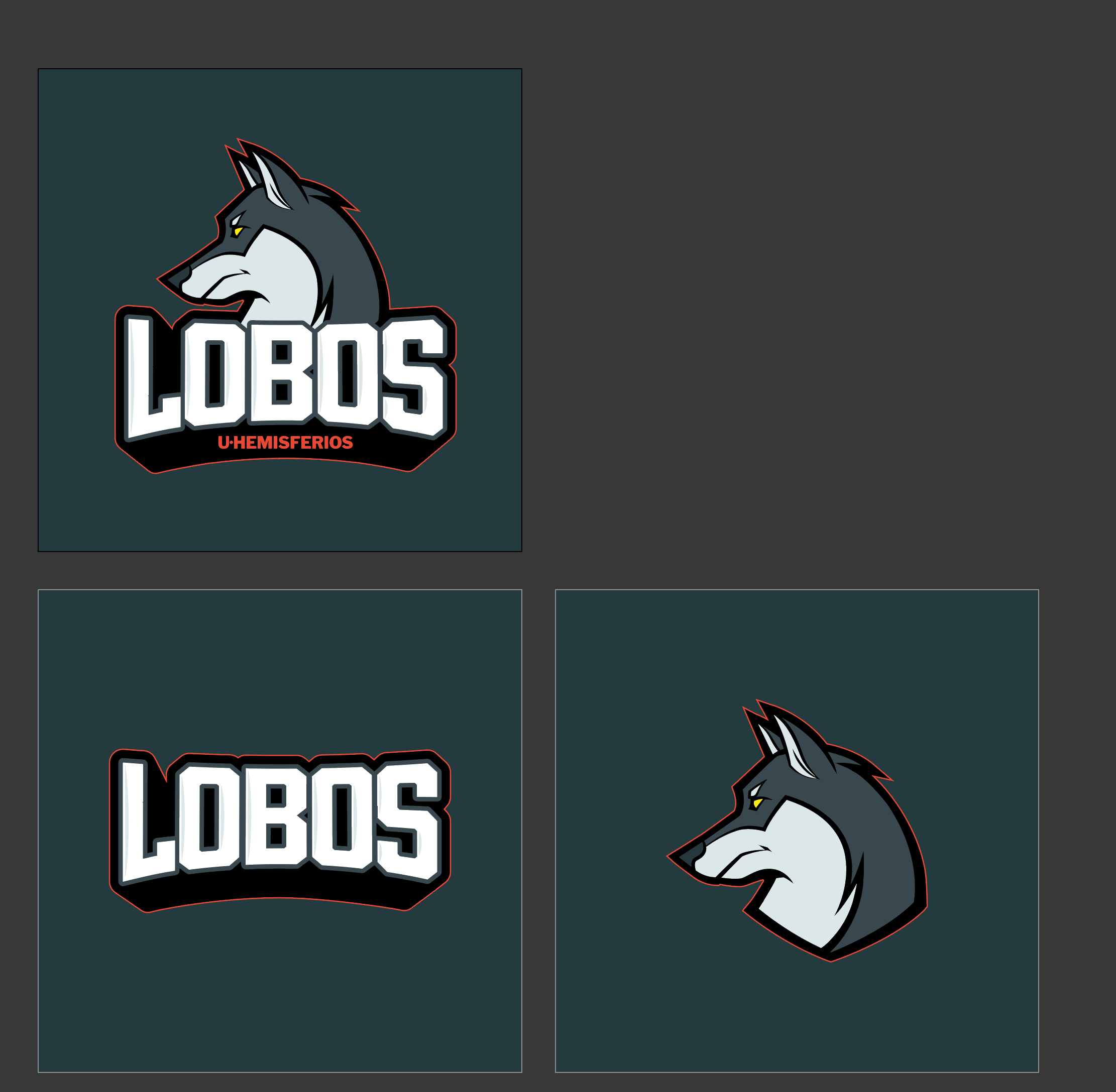Mascot logo system for Lobos U-Hemisferios by Lunalunares, featuring a wolf illustration, bold athletic typography, and separate logo lockups on a dark green background.
