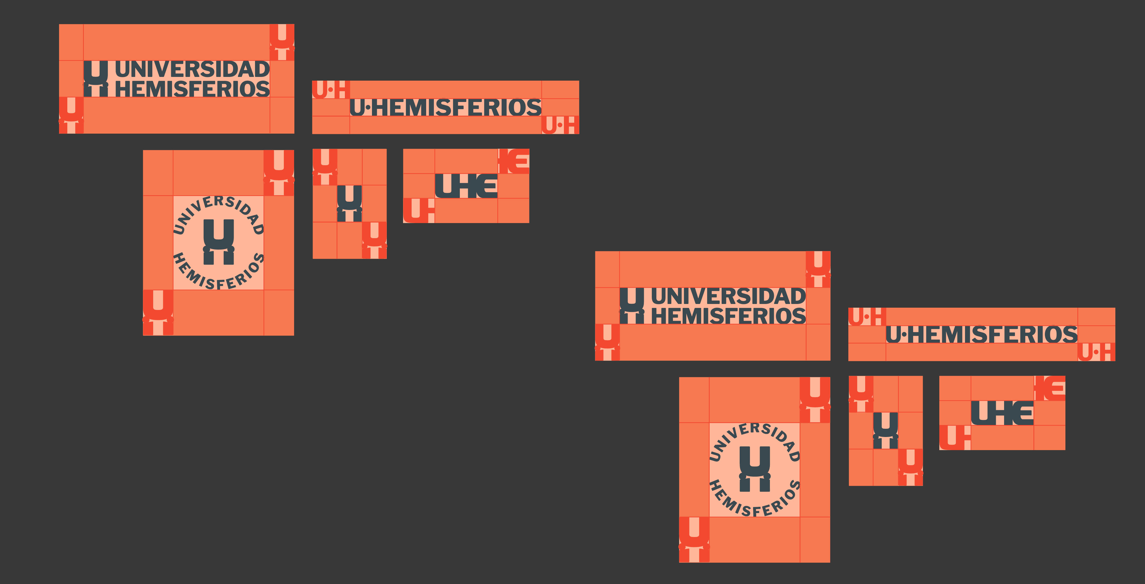 Orange brand applications for U-Hemisferios by Lunalunares, featuring modular layouts, logo placement, institutional marks, and graphic identity compositions.