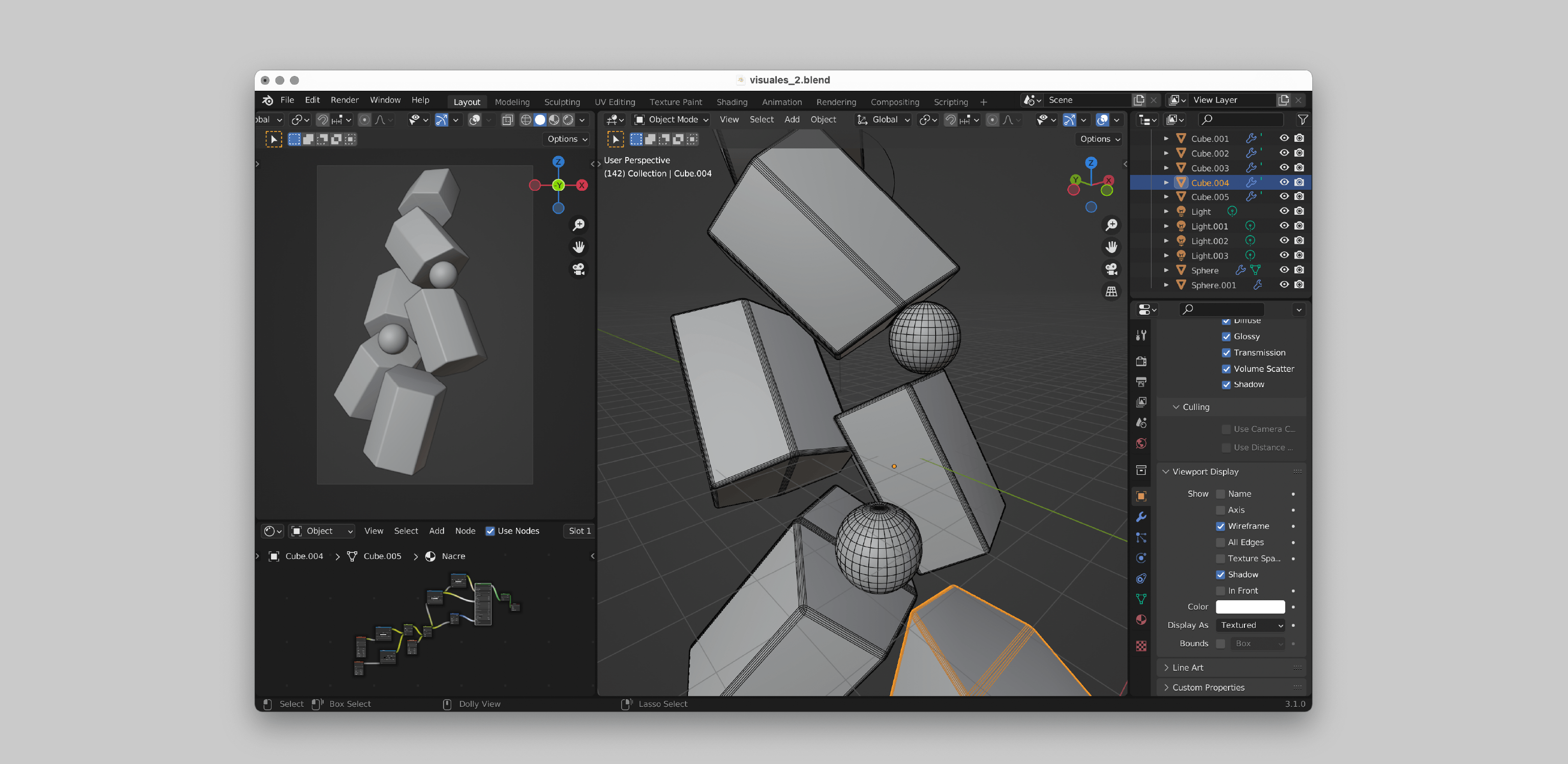 3D visual exploration for Universidad de los Hemisferios by Lunalunares, showing abstract geometric shapes, cubes, spheres, and Blender workspace development for brand visuals.