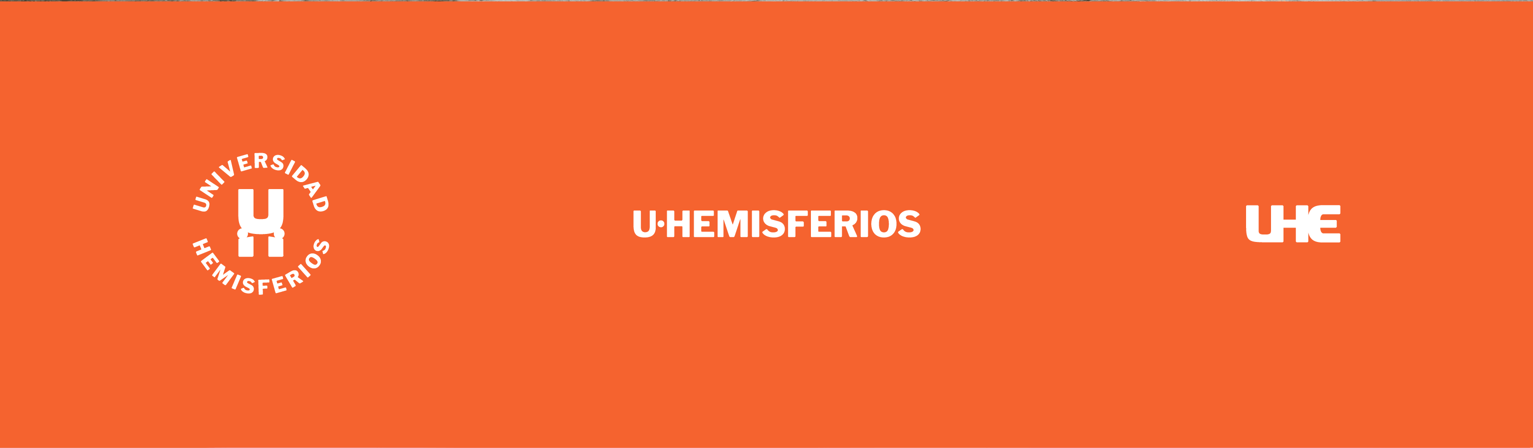 U-Hemisferios logo variations by Lunalunares, showing the circular emblem, horizontal wordmark, and UHE abbreviation in white on an orange institutional background.