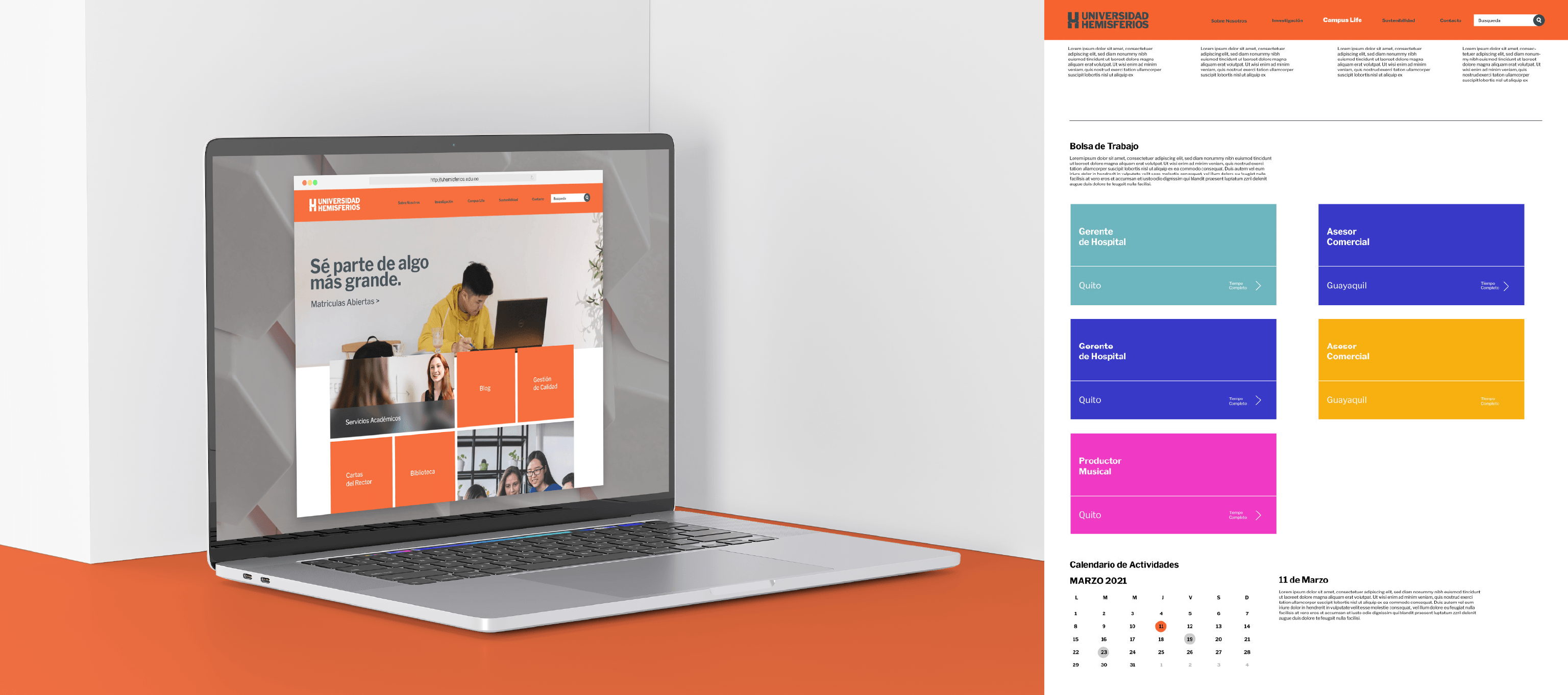 Website UI design for Universidad de los Hemisferios by Lunalunares, showing a laptop homepage mockup and careers page layout with orange navigation and colorful job cards.