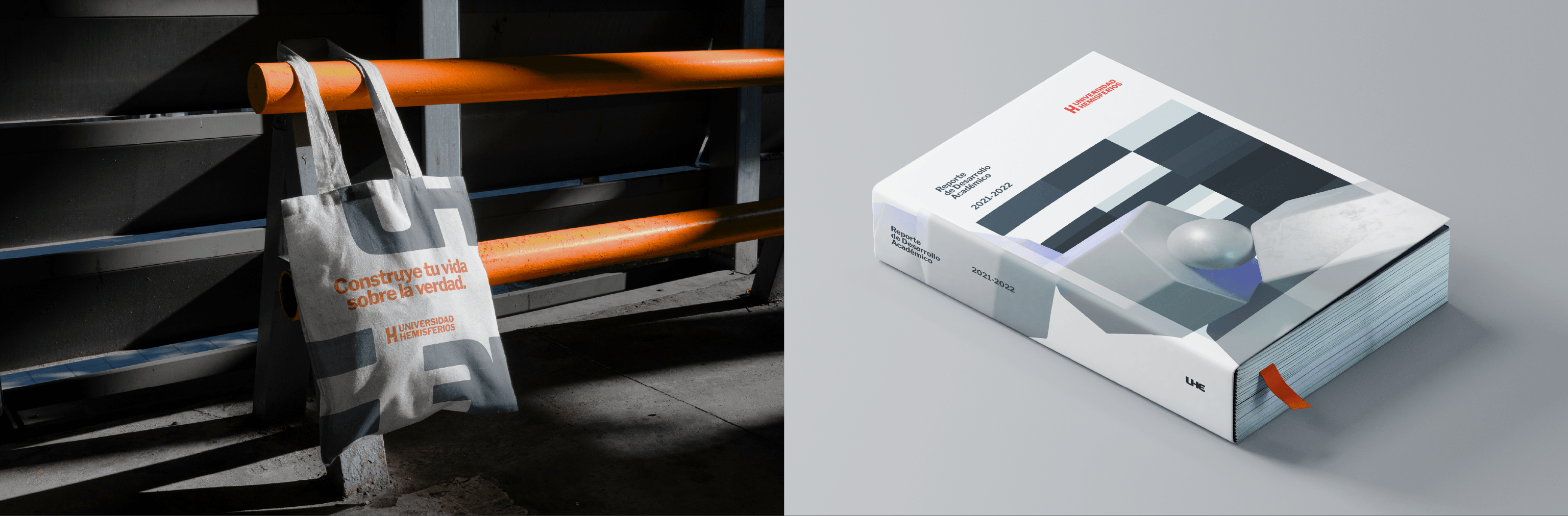Tote bag and academic report design for Universidad de los Hemisferios by Lunalunares, featuring institutional branding, 3D visual language, and orange-gray graphic applications.
