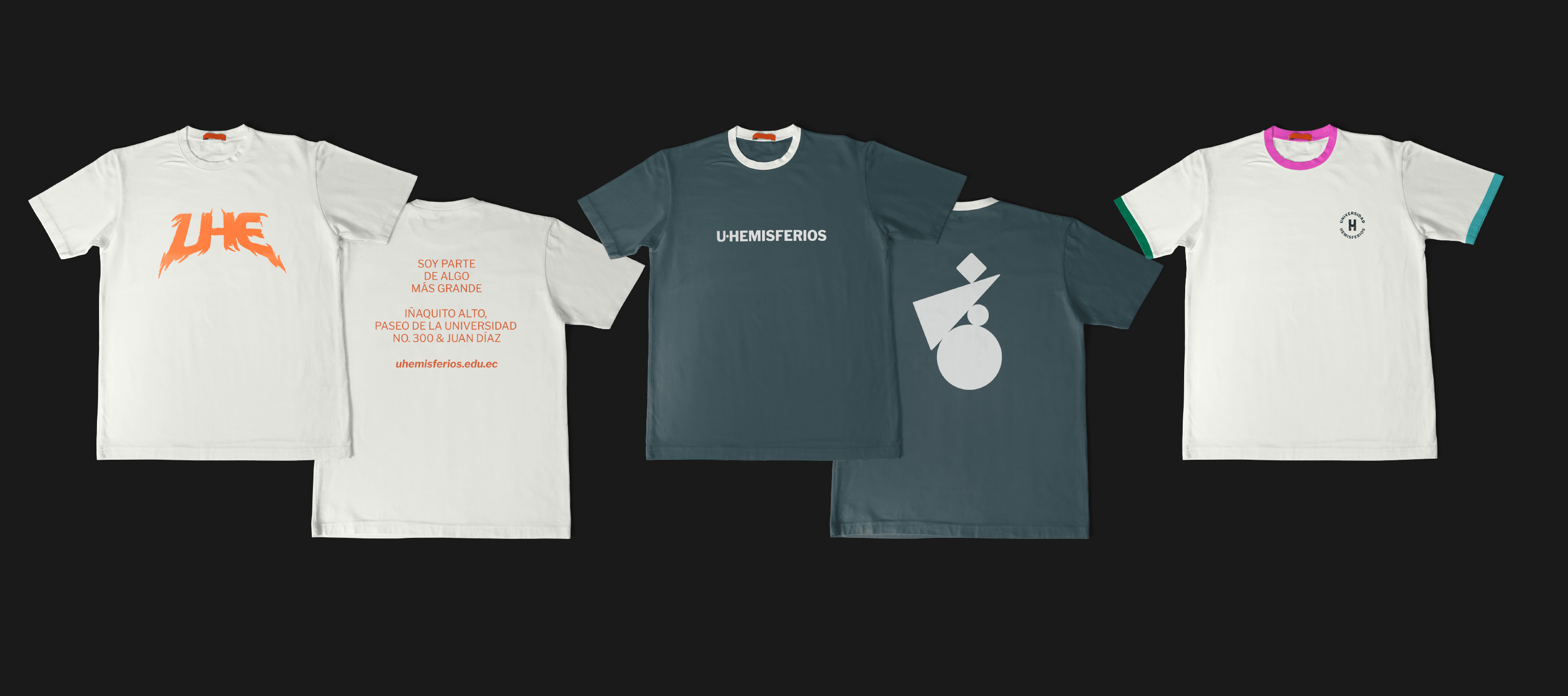 Branded T-shirt designs for U-Hemisferios by Lunalunares, showing white, dark gray, and color-accented apparel with UHE graphics, institutional messaging, and logo applications.