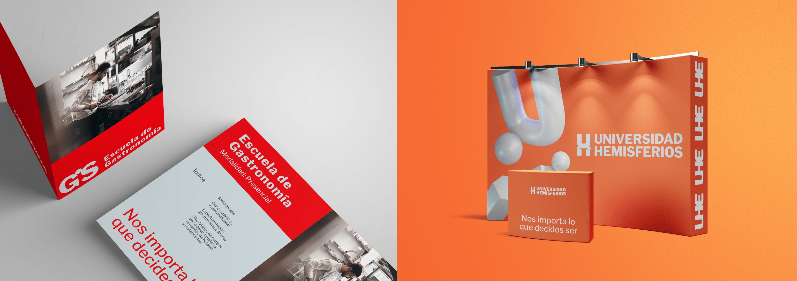 Gastronomy School brochure and exhibition stand design for U-Hemisferios by Lunalunares, featuring bold red academic materials, institutional messaging, and an orange branded booth application.