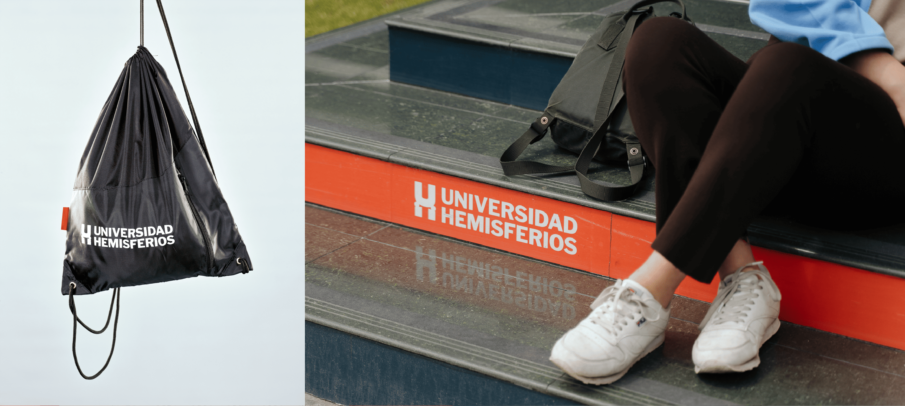 Student bag and campus branding for Universidad de los Hemisferios by Lunalunares, showing a black drawstring bag with the institutional logo and a campus step application.
